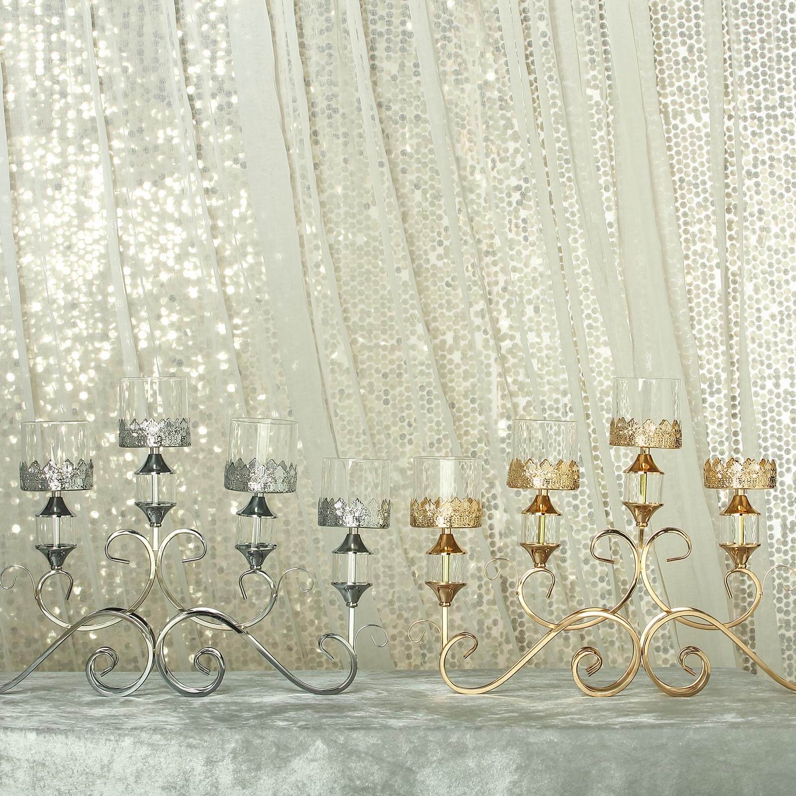 5 - Arm Metal Table Candelabra Antique Gold Crown Top Design - Stylish Horizontal Table Centerpiece with Glass Votive Holders 18" - Linen Luxes