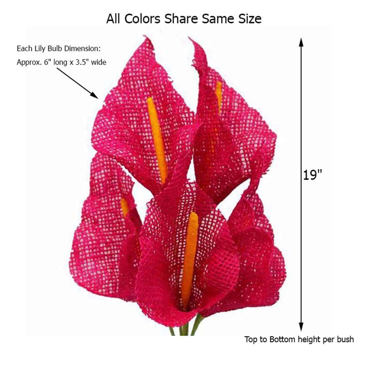 5 Bushes 19" Fuchsia Artificial Burlap Calla Lilies, Craft Flowers 25 Pcs - Linen Luxes