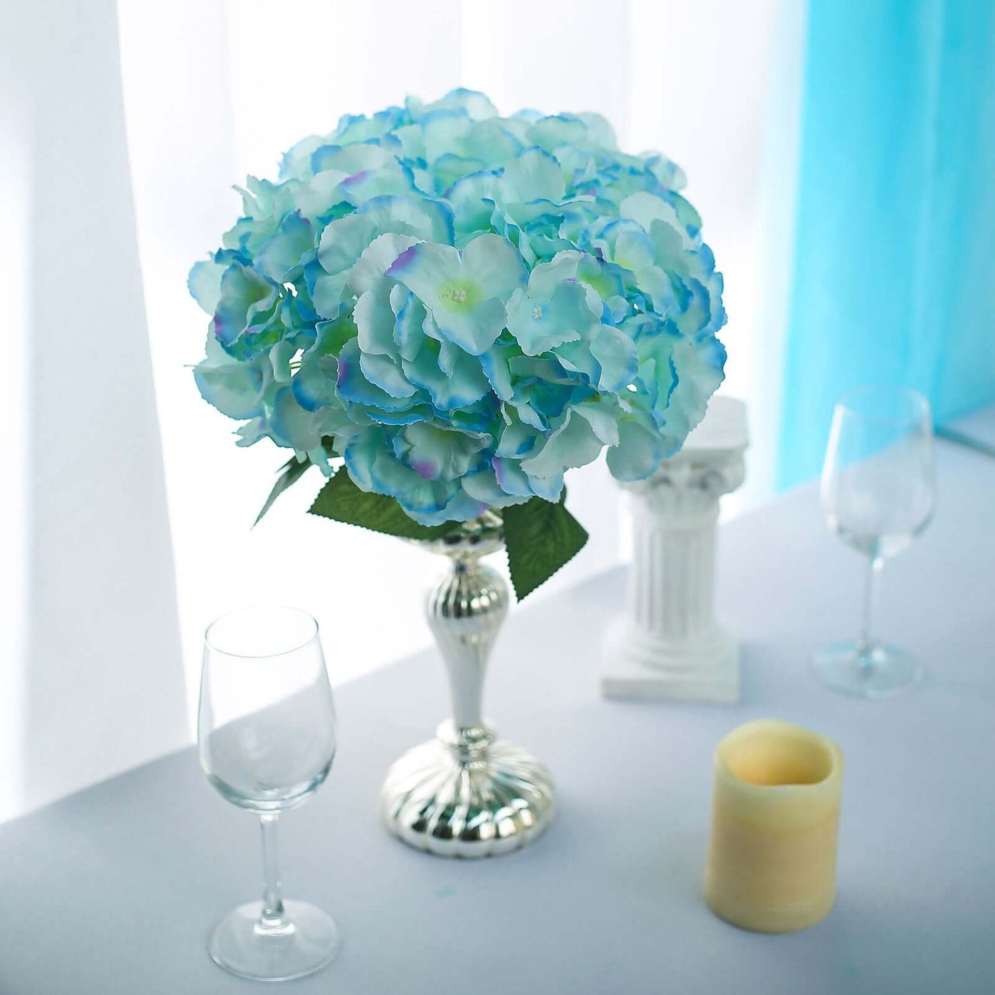 5 Bushes Baby Blue Artificial Silk Hydrangea Flower Bouquets - Linen Luxes