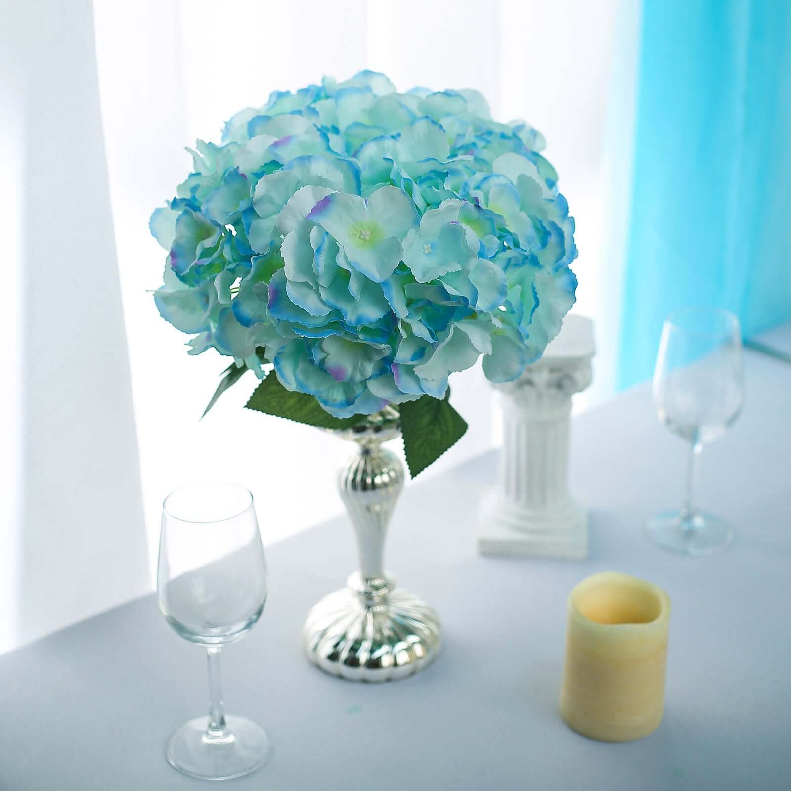 5 Bushes Baby Blue Artificial Silk Hydrangea Flower Bouquets - Linen Luxes