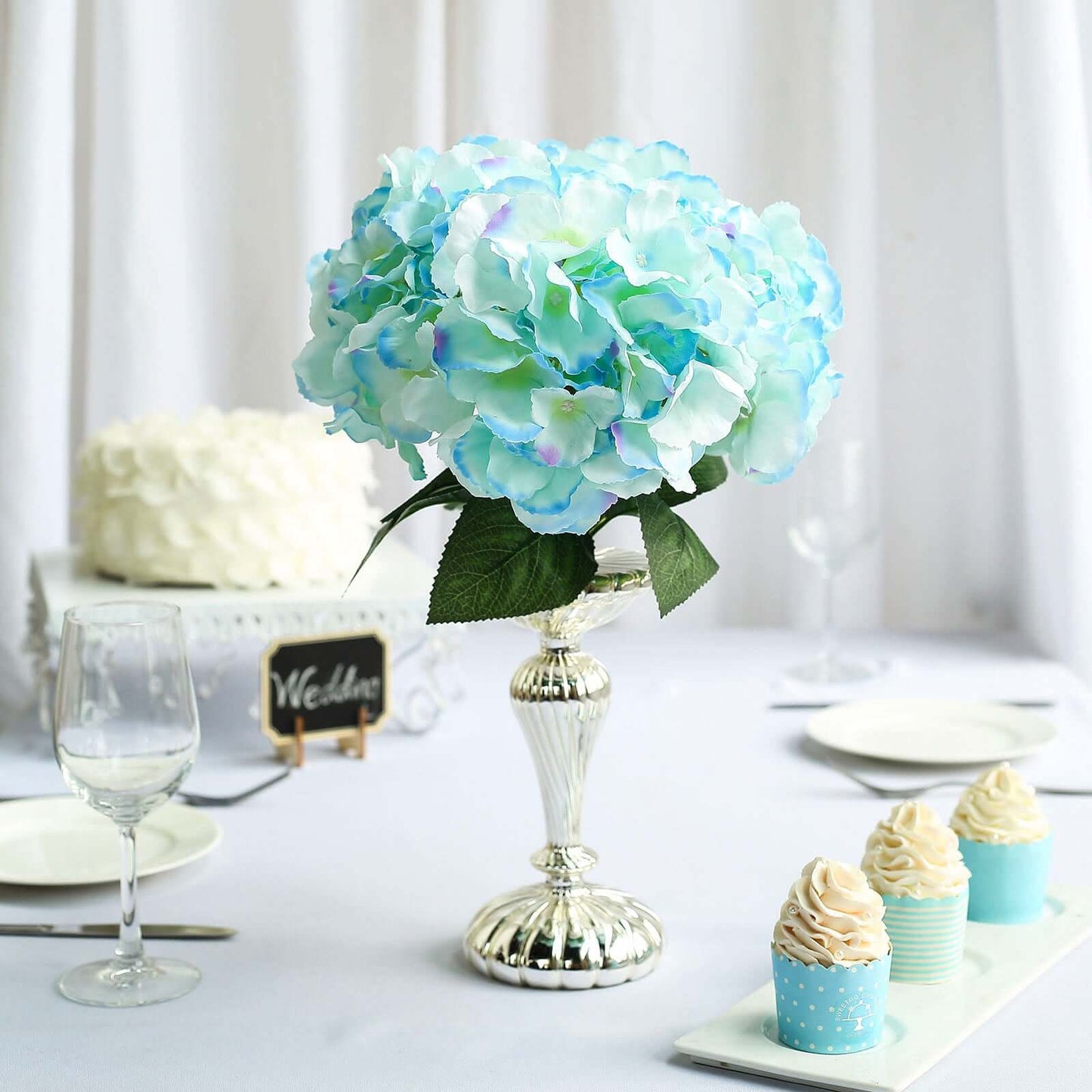 5 Bushes Baby Blue Artificial Silk Hydrangea Flower Bouquets - Linen Luxes