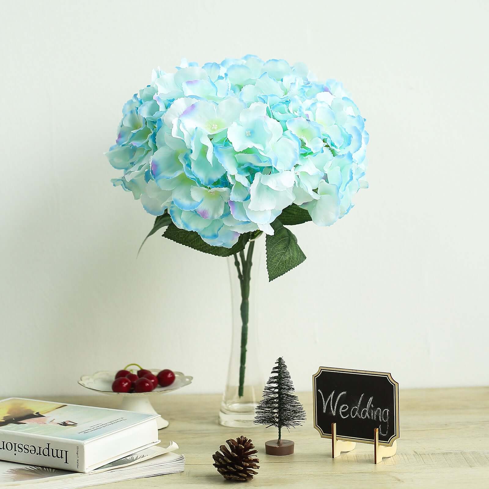 5 Bushes Baby Blue Artificial Silk Hydrangea Flower Bouquets - Linen Luxes