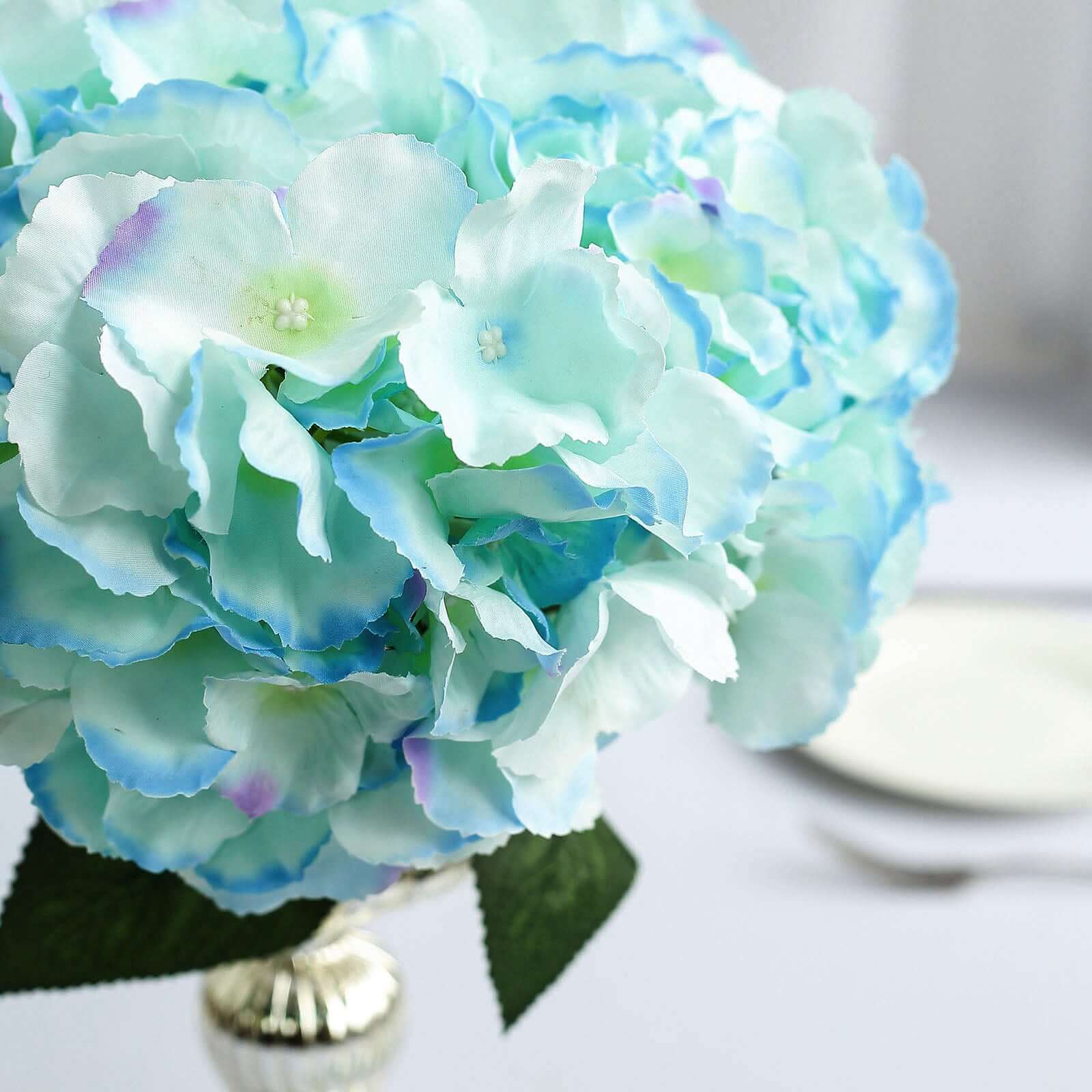 5 Bushes Baby Blue Artificial Silk Hydrangea Flower Bouquets - Linen Luxes