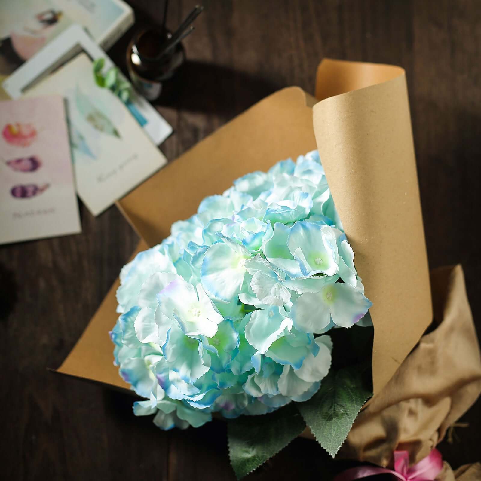 5 Bushes Baby Blue Artificial Silk Hydrangea Flower Bouquets - Linen Luxes