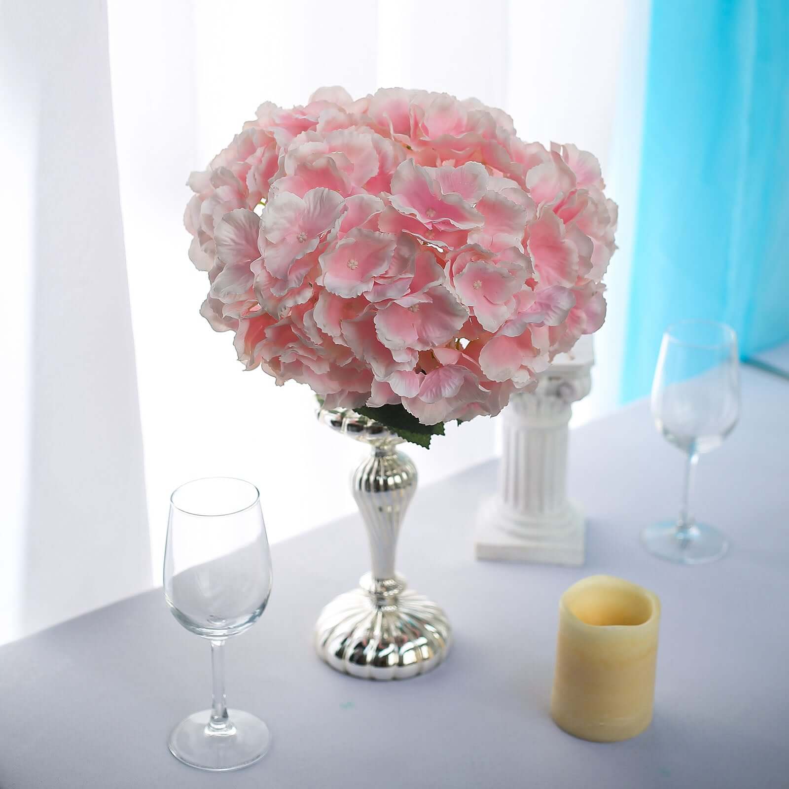 5 Bushes Blush Pink Artificial Silk Hydrangea Flower Bouquets - Linen Luxes