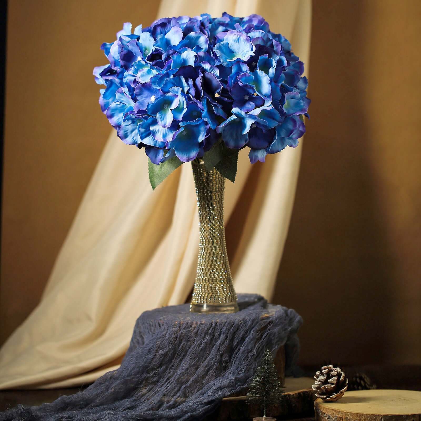 5 Bushes Royal Blue Artificial Silk Hydrangea Flower Bouquets - Linen Luxes