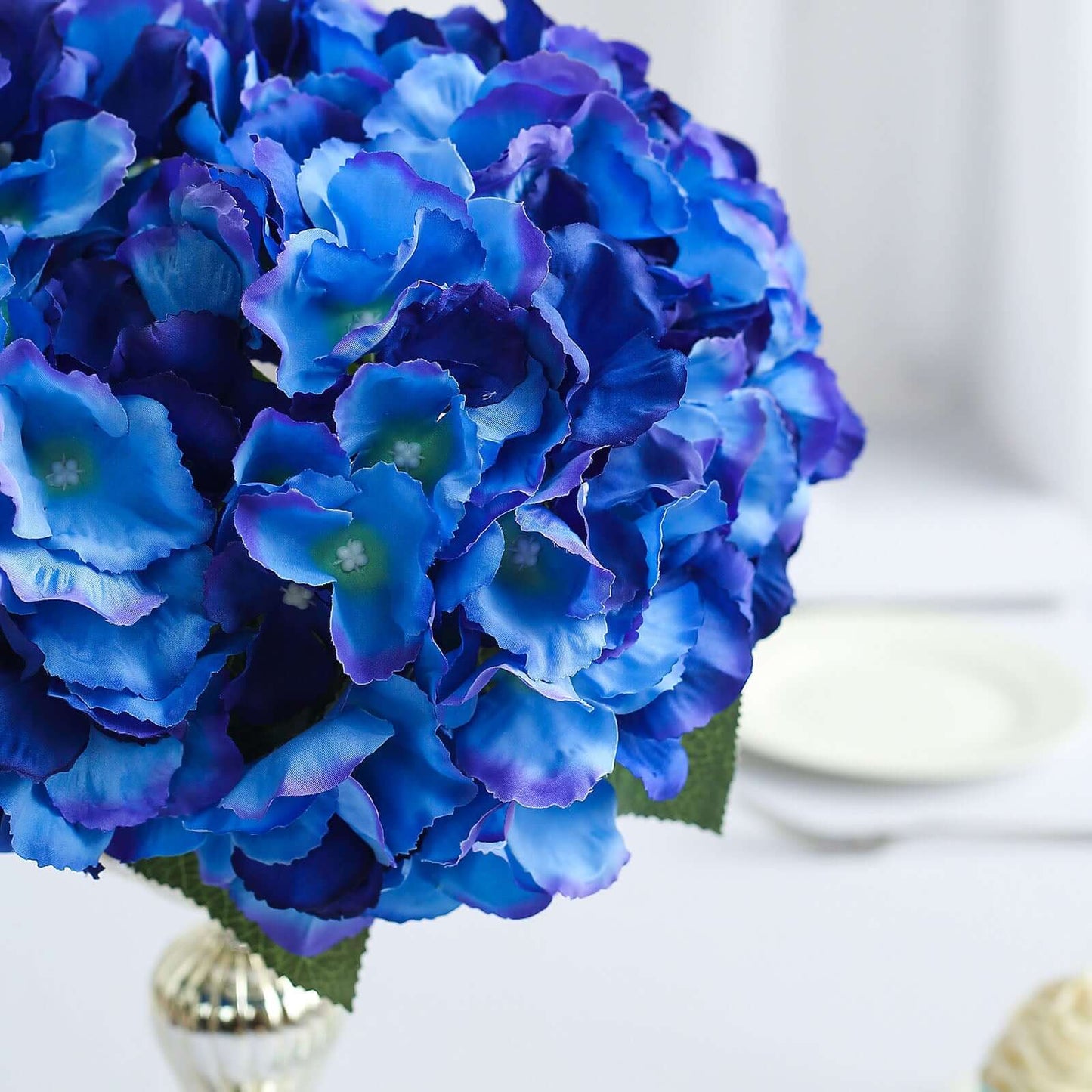 5 Bushes Royal Blue Artificial Silk Hydrangea Flower Bouquets - Linen Luxes