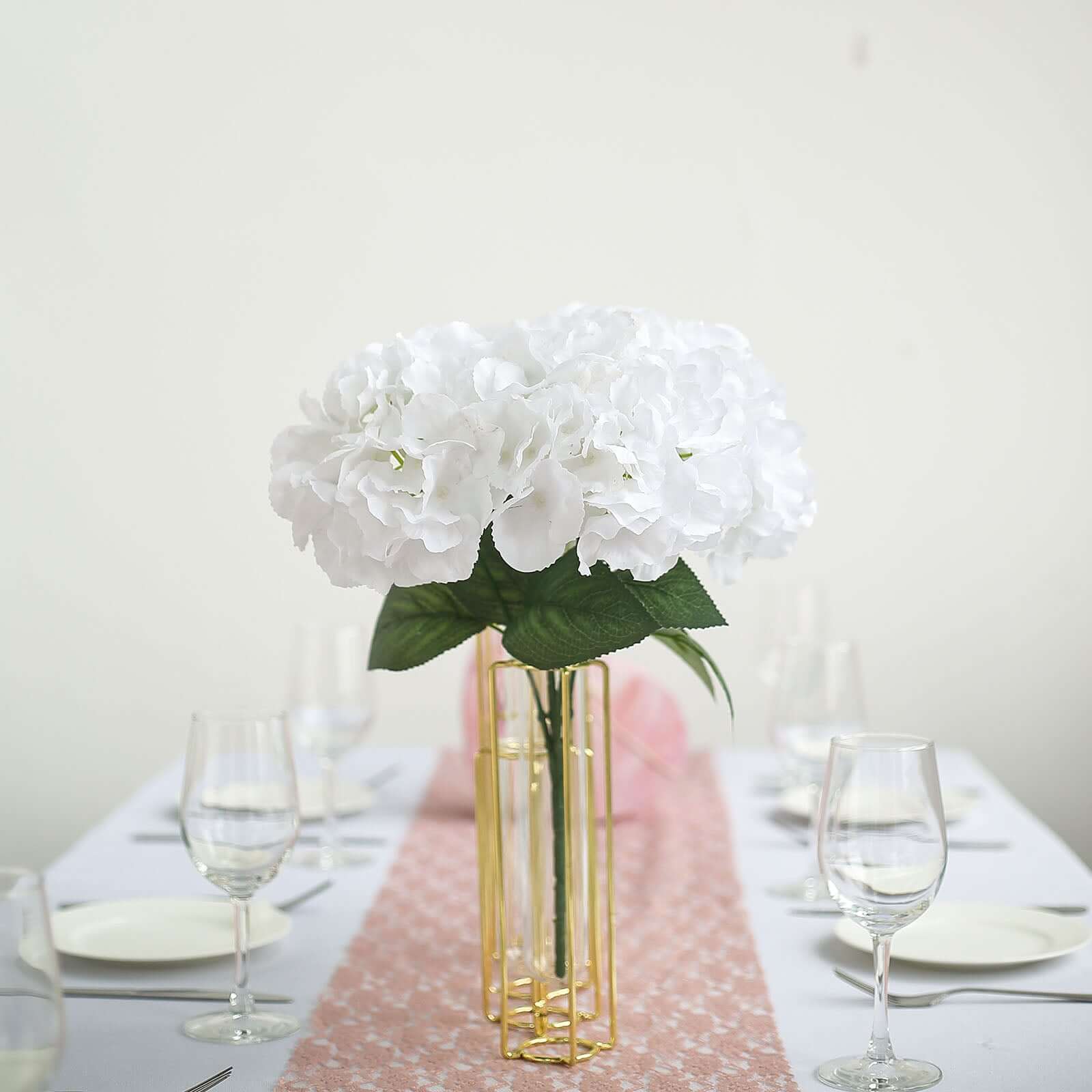 5 Bushes White Artificial Silk Hydrangea Flower Bouquets - Linen Luxes