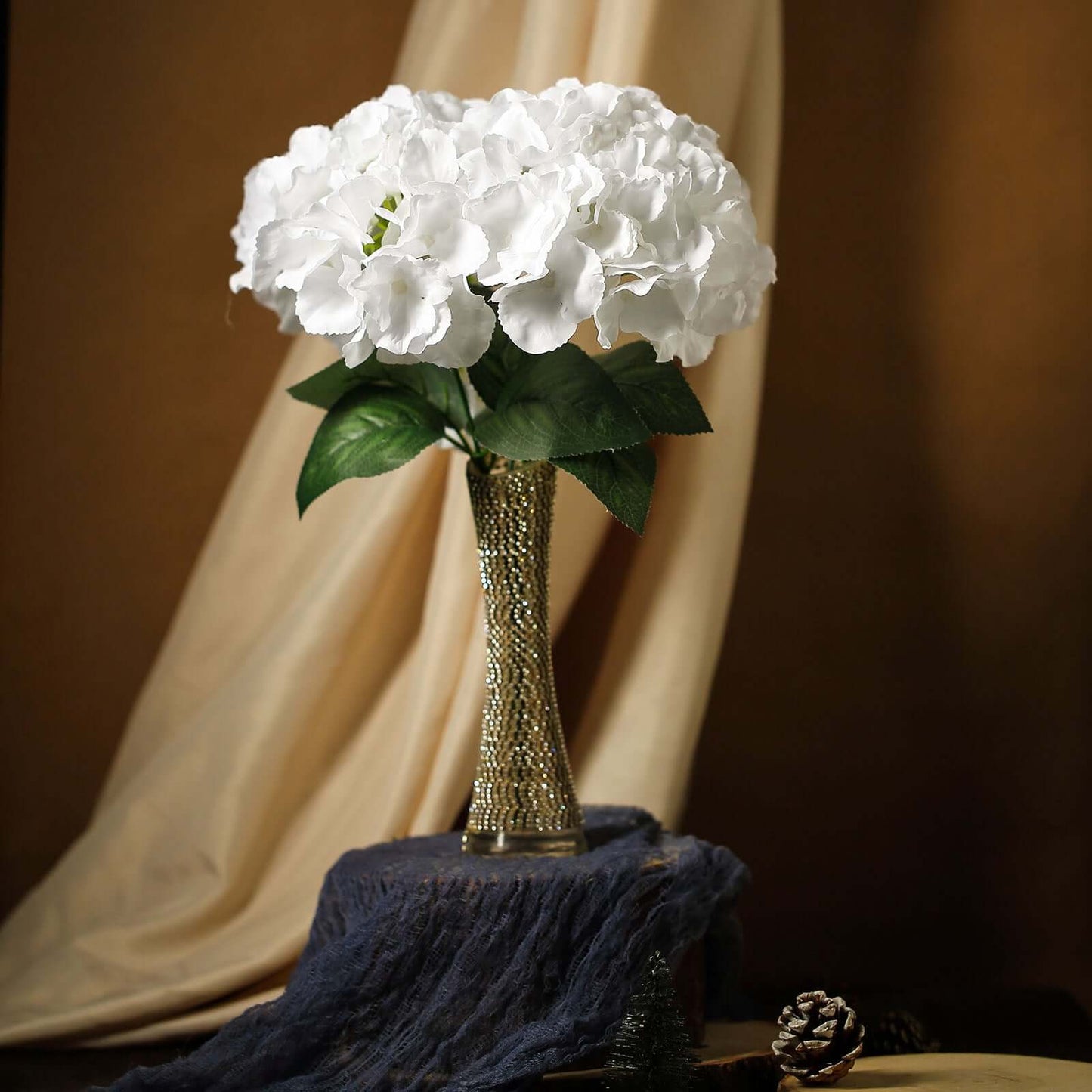 5 Bushes White Artificial Silk Hydrangea Flower Bouquets - Linen Luxes