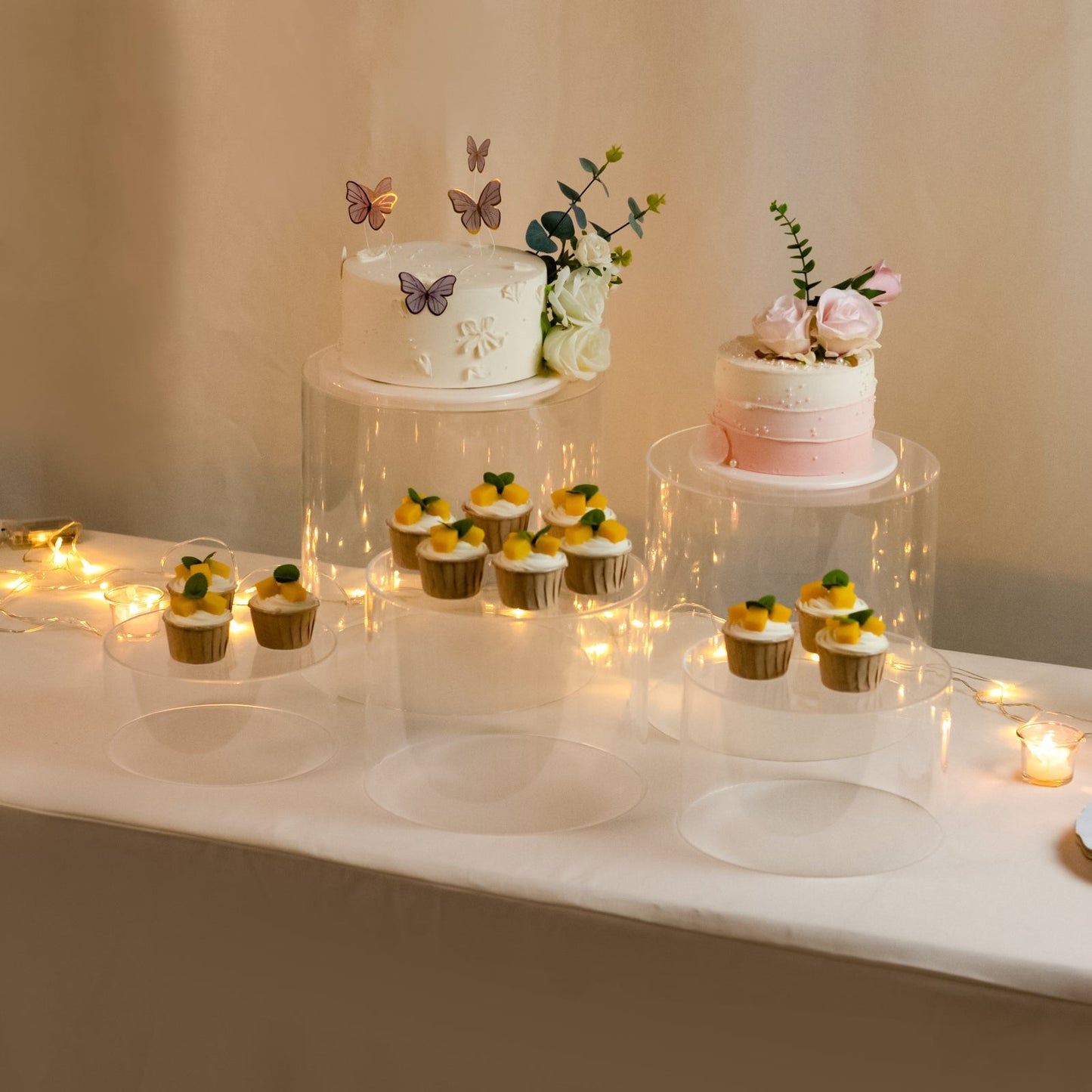 Set of 5 Acrylic Cake Stands Cylinder Design Round Clear - Display Risers for Events 8.5", 9", 10", 11", 12"