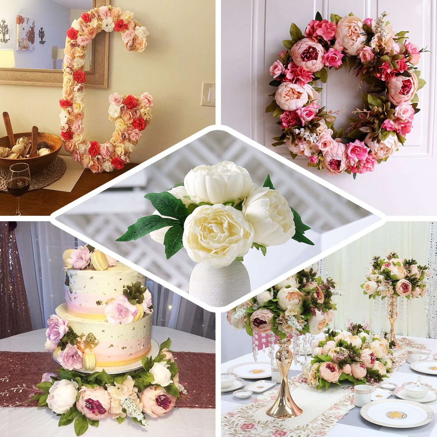 5 Flower Head Lavender Lilac Peony Bouquet Artificial Silk Peonies Spray - Linen Luxes