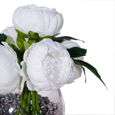 5 Flower Head White Peony Bouquet Artificial Silk Peonies Spray - Linen Luxes