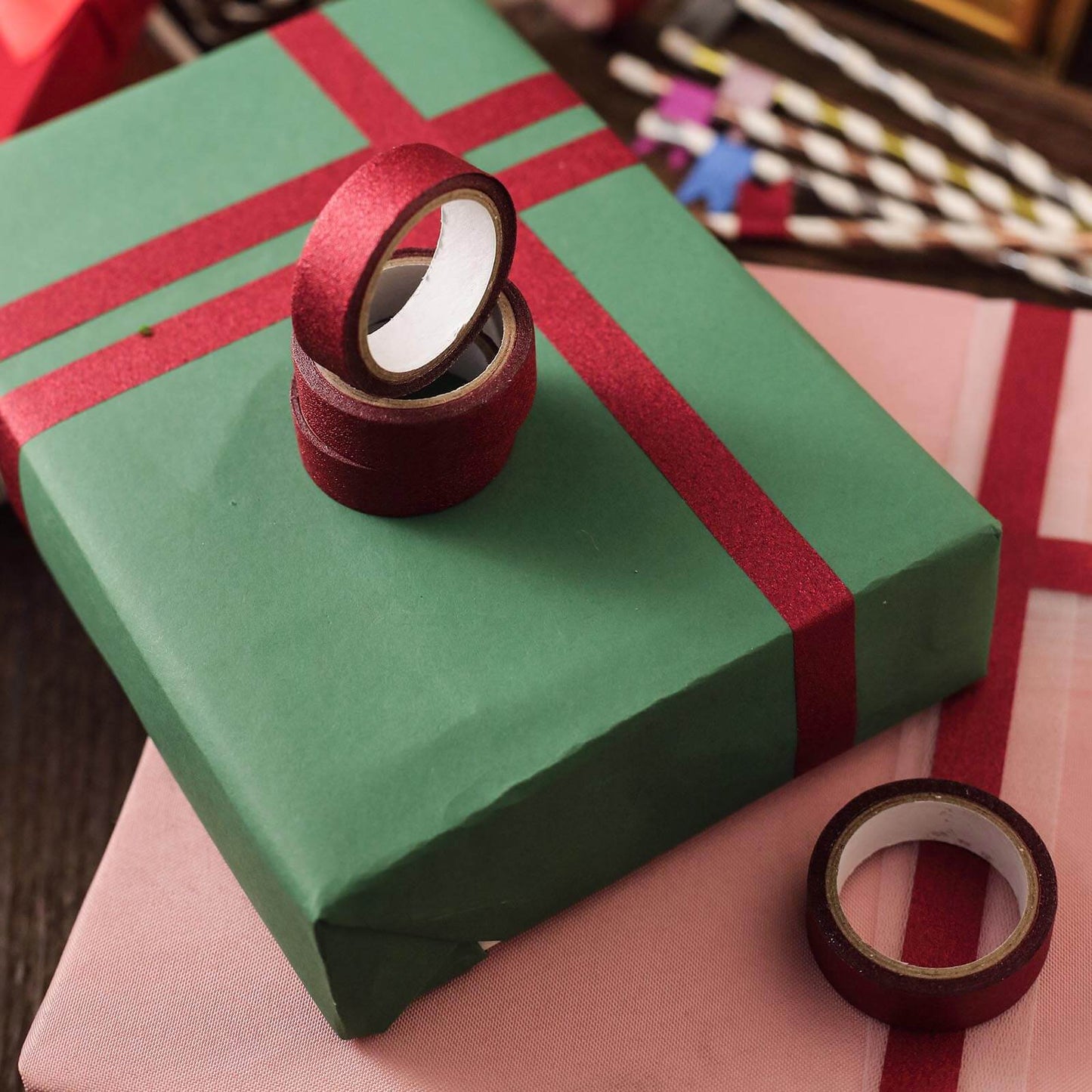 5 Pack 0.5"x5 Yards Burgundy Washi DIY Craft Glitter Tape - Linen Luxes