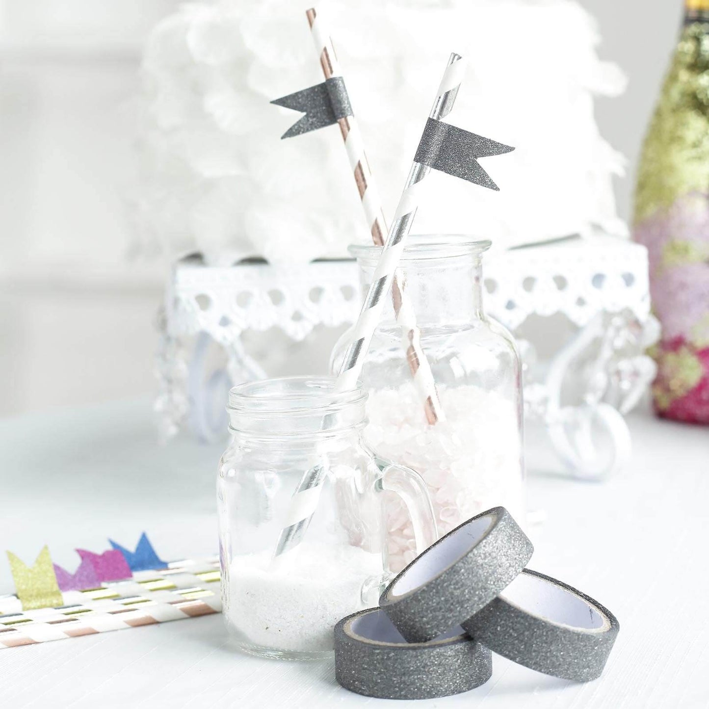 5 Pack 0.5"x5 Yards Charcoal Gray Washi DIY Craft Glitter Tape - Linen Luxes