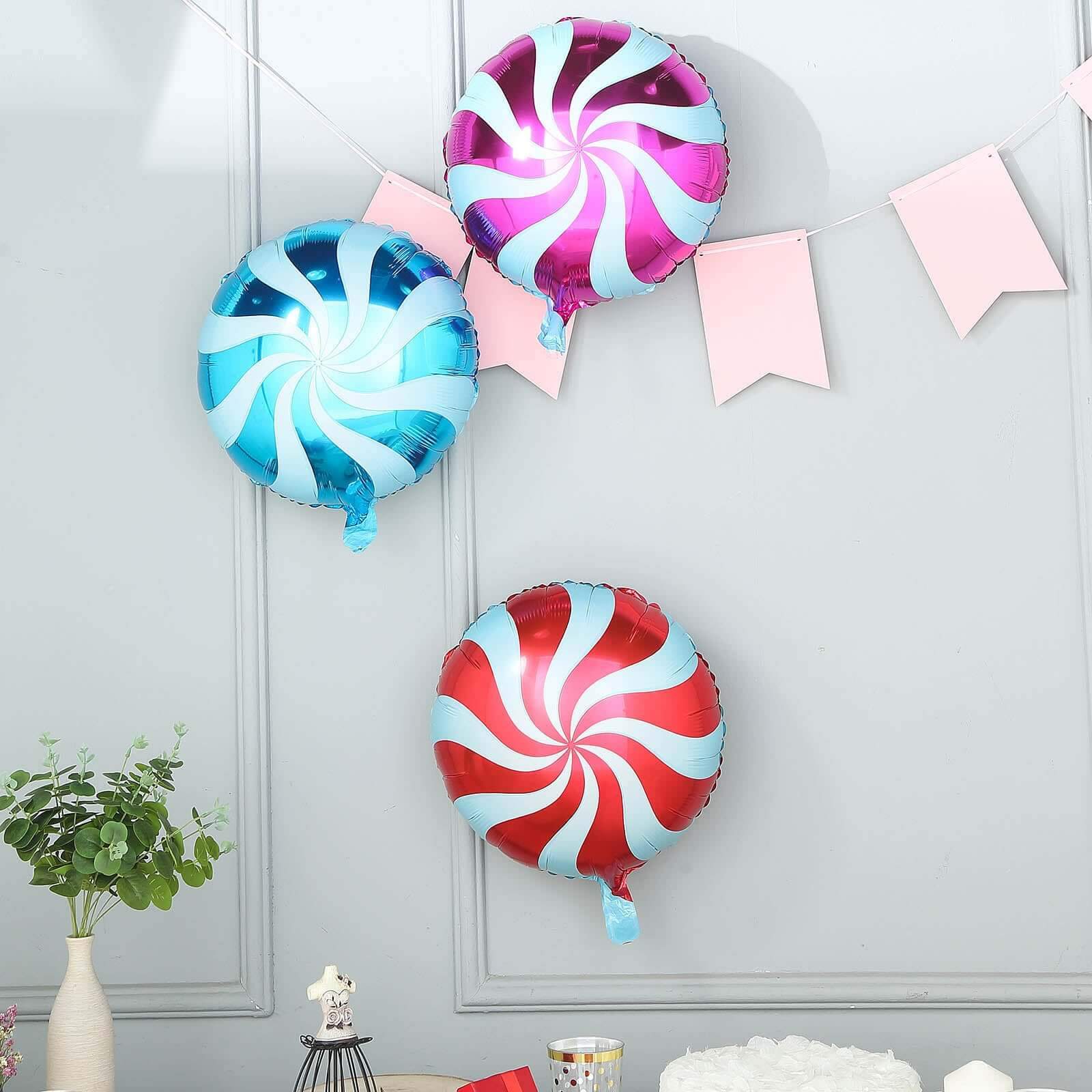 5 Pack 13" Candy Striped Swirl Print Mylar Foil Helium Air Balloons - Linen Luxes