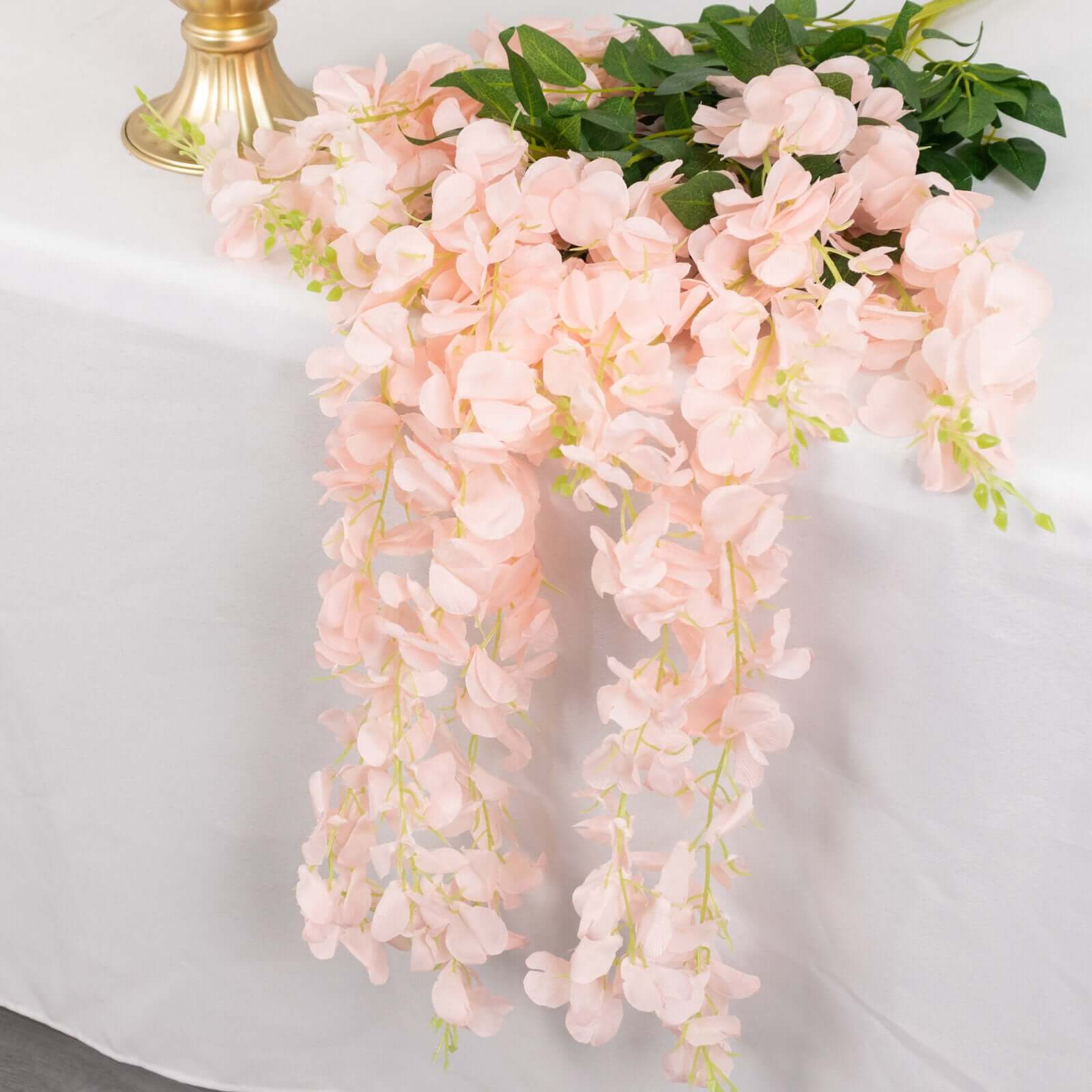 5 Pack 44" Silk Hanging Wisteria Flower Garland Vines in Blush, 3 Strands in 1 Bush - Linen Luxes
