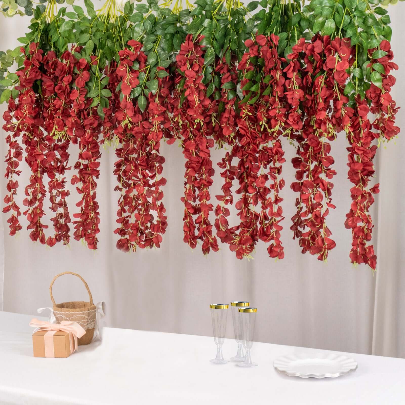 5 Pack 44" Silk Hanging Wisteria Flower Garland Vines in Burgundy, 3 Strands in 1 Bush - Linen Luxes