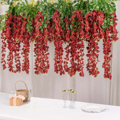 5 Pack 44" Silk Hanging Wisteria Flower Garland Vines in Burgundy, 3 Strands in 1 Bush - Linen Luxes