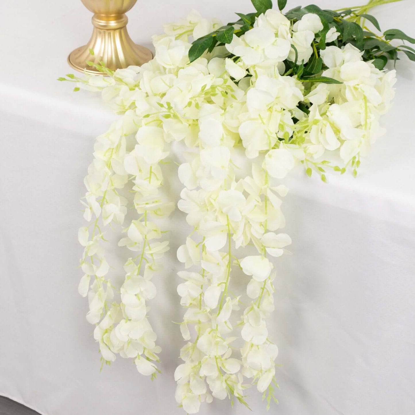 5 Pack 44" Silk Hanging Wisteria Flower Garland Vines in Cream, 3 Strands in 1 Bush - Linen Luxes
