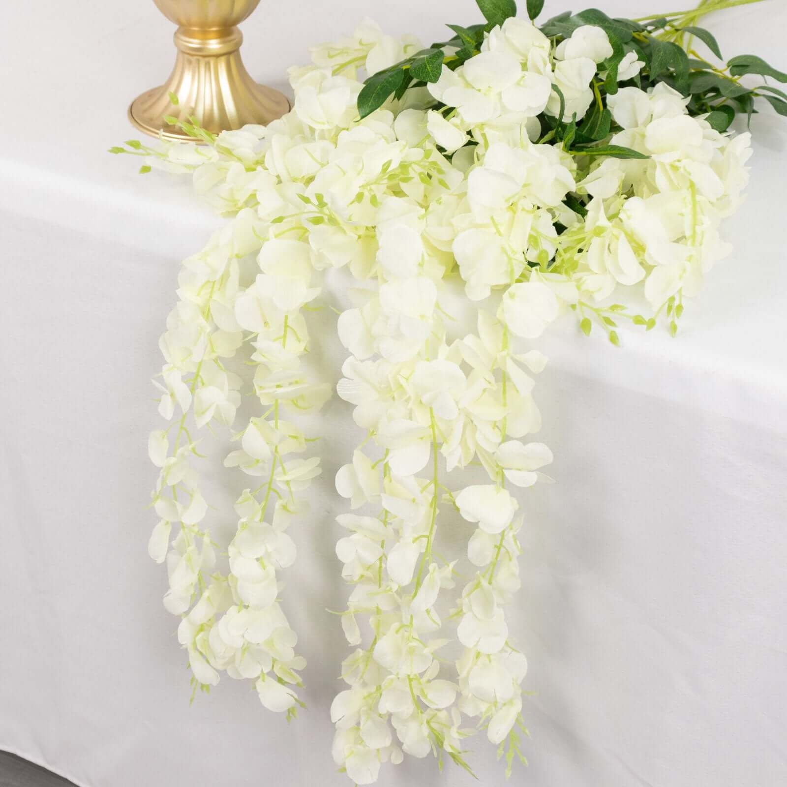 5 Pack 44" Silk Hanging Wisteria Flower Garland Vines in Cream, 3 Strands in 1 Bush - Linen Luxes