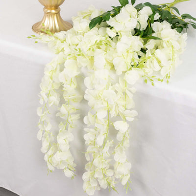 5 Pack 44" Silk Hanging Wisteria Flower Garland Vines in Cream, 3 Strands in 1 Bush - Linen Luxes