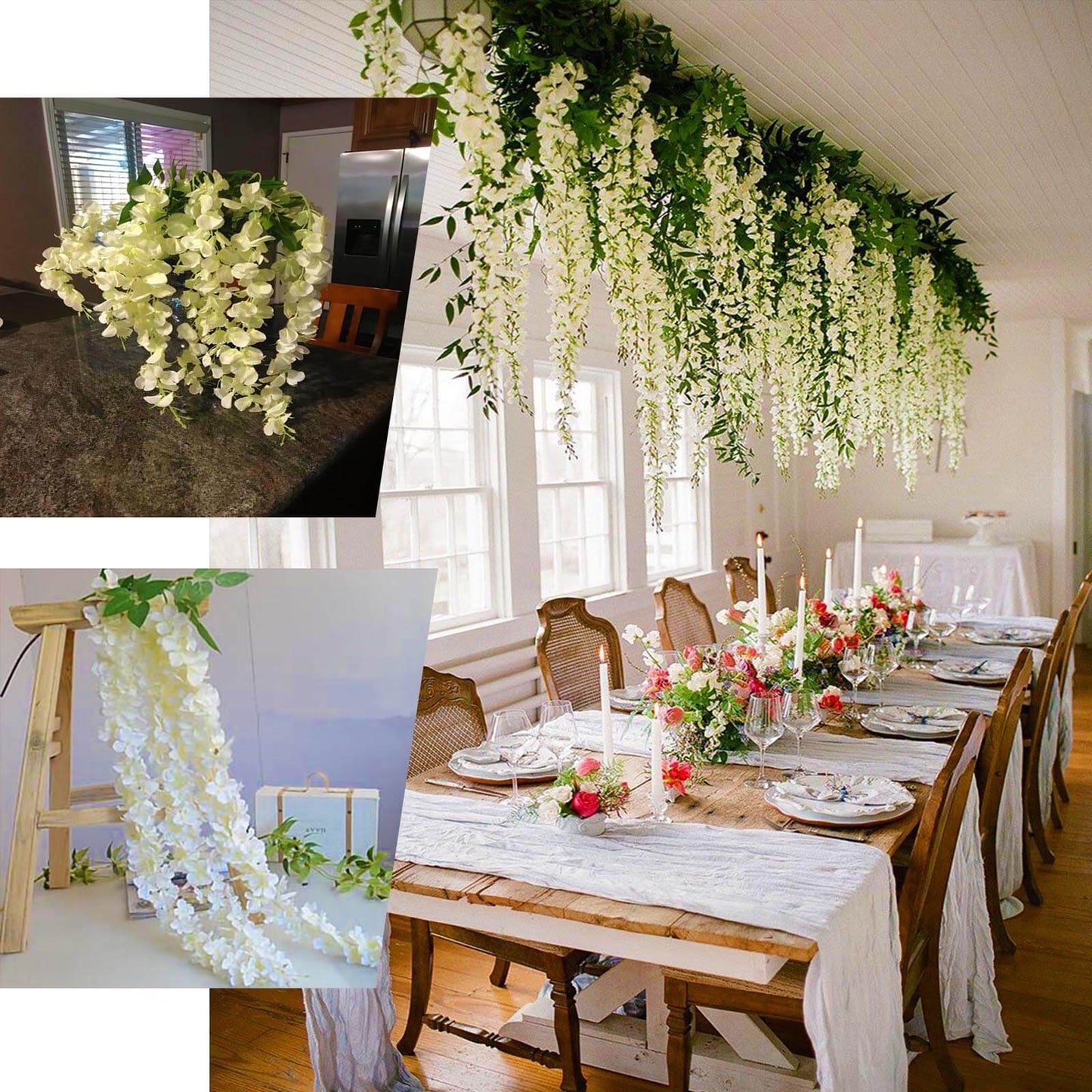 5 Pack 44" Silk Hanging Wisteria Flower Garland Vines in Cream, 3 Strands in 1 Bush - Linen Luxes