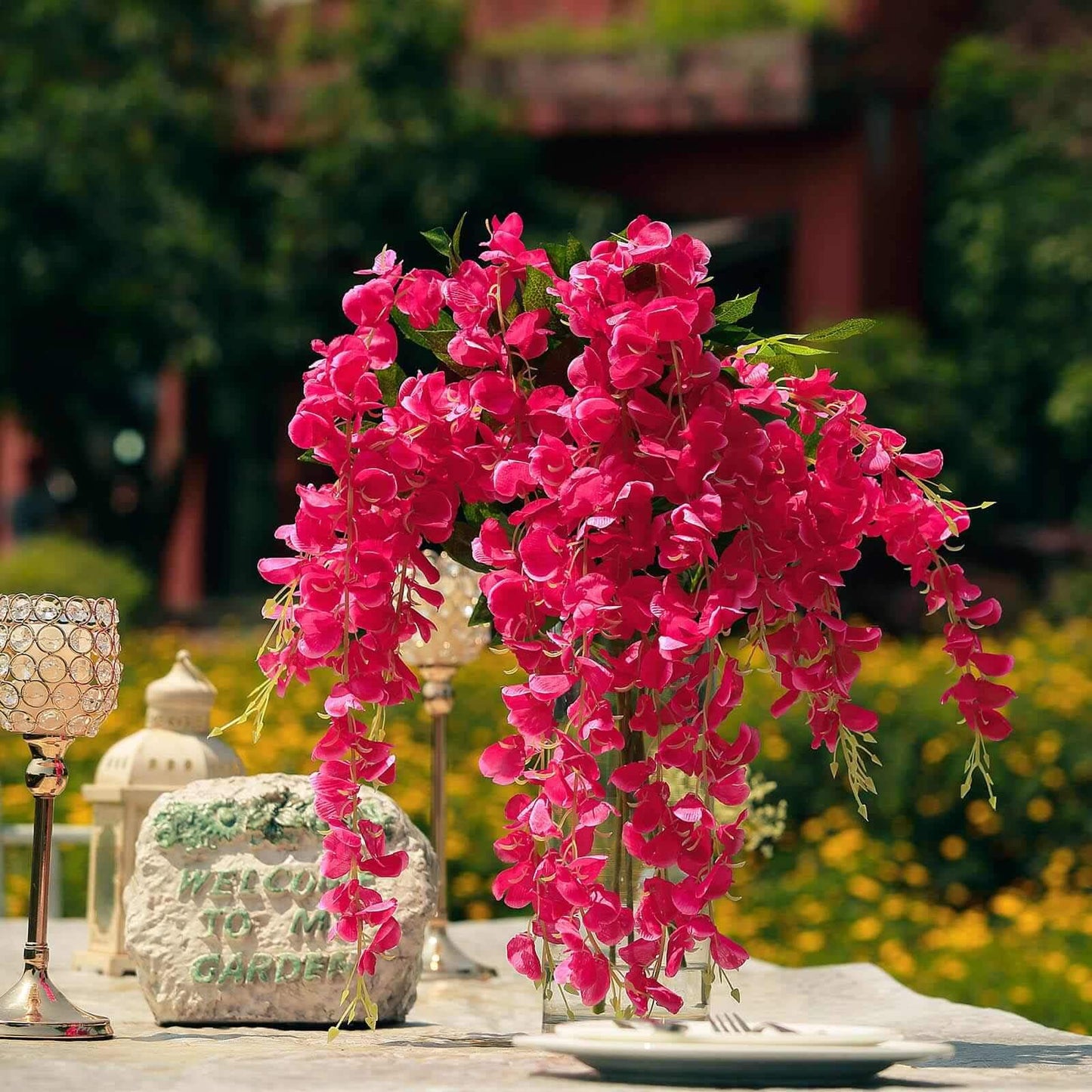 5 Pack 44" Silk Hanging Wisteria Flower Garland Vines in Fuchsia, 3 Strands in 1 Bush - Linen Luxes