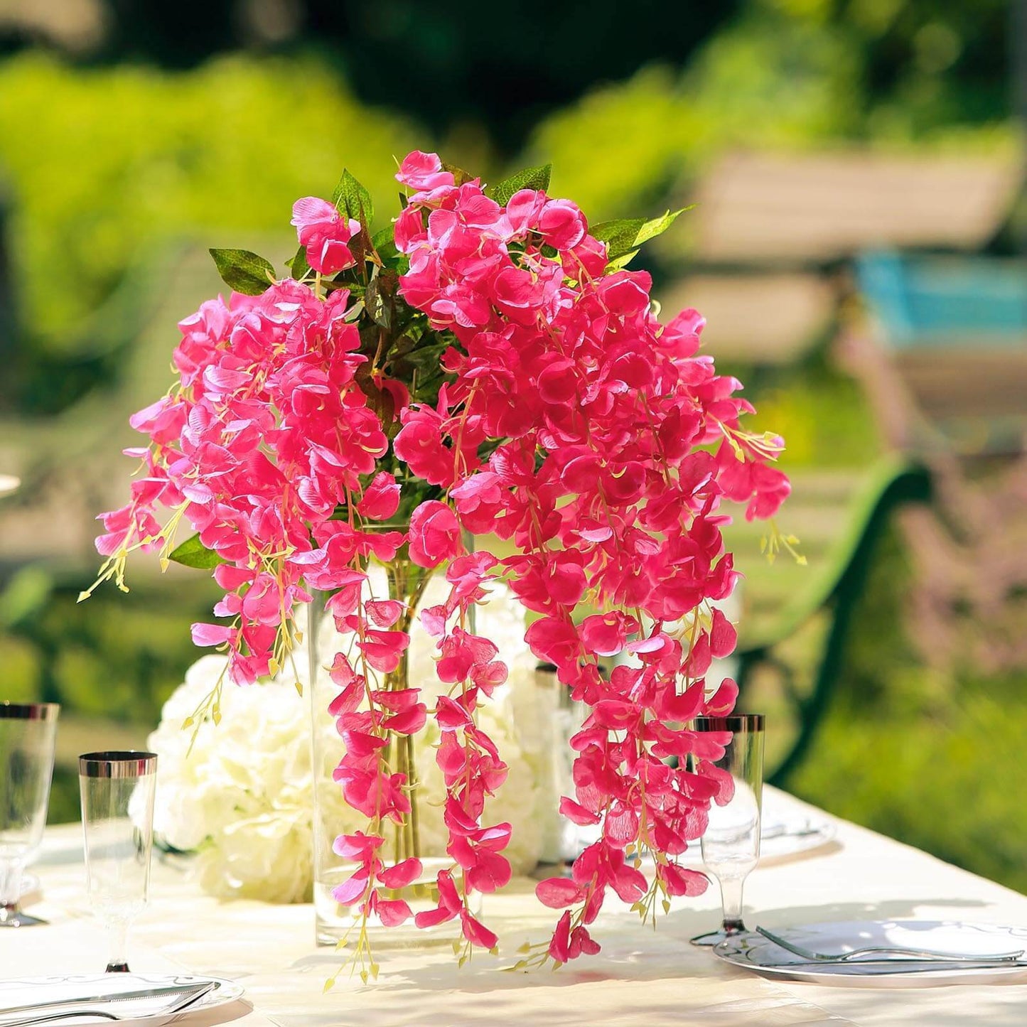 5 Pack 44" Silk Hanging Wisteria Flower Garland Vines in Fuchsia, 3 Strands in 1 Bush - Linen Luxes