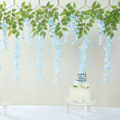 5 Pack 44" Silk Hanging Wisteria Flower Garland Vines in Light Blue, 3 Strands in 1 Bush