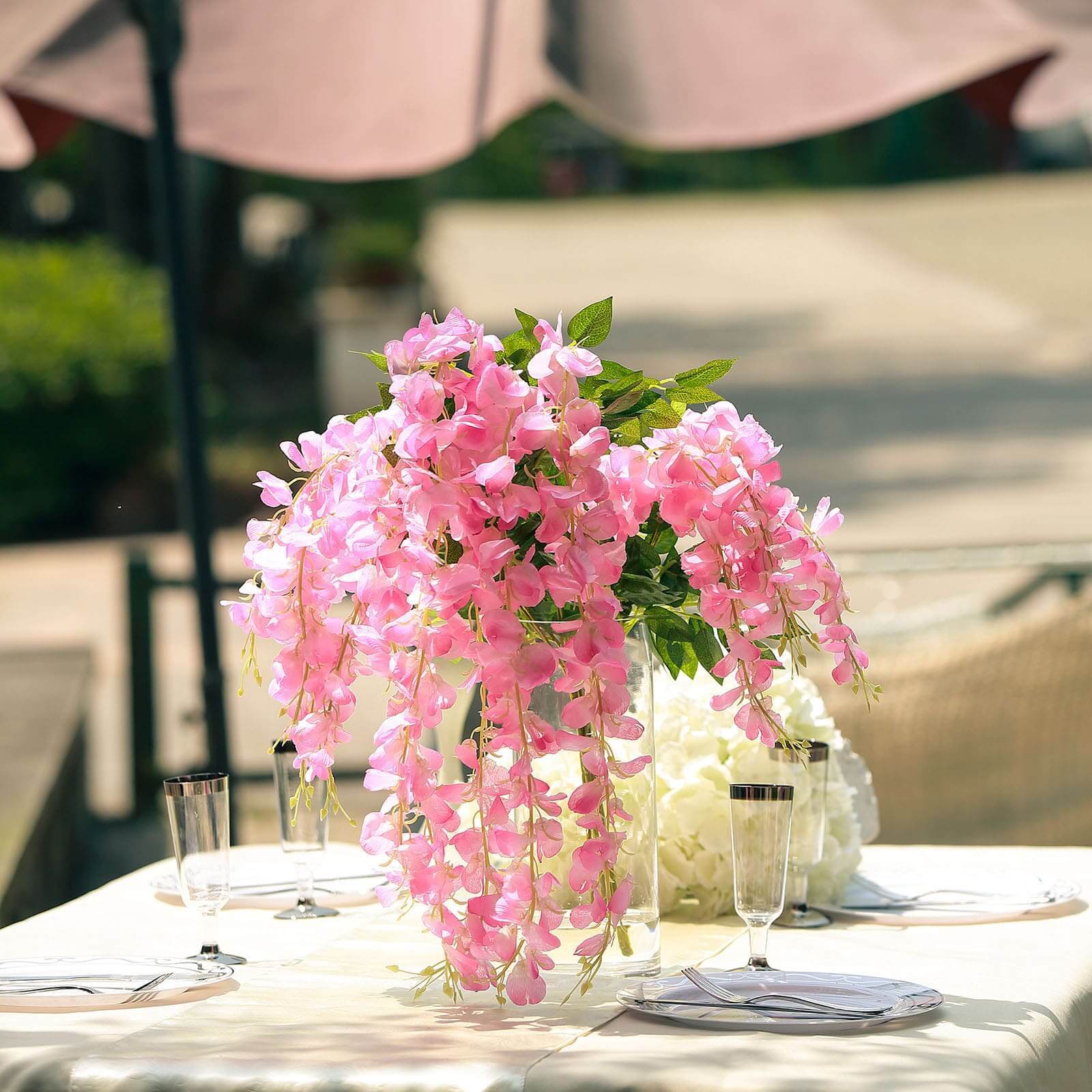 5 Pack 44" Silk Hanging Wisteria Flower Garland Vines in Pink, 3 Strands in 1 Bush - Linen Luxes