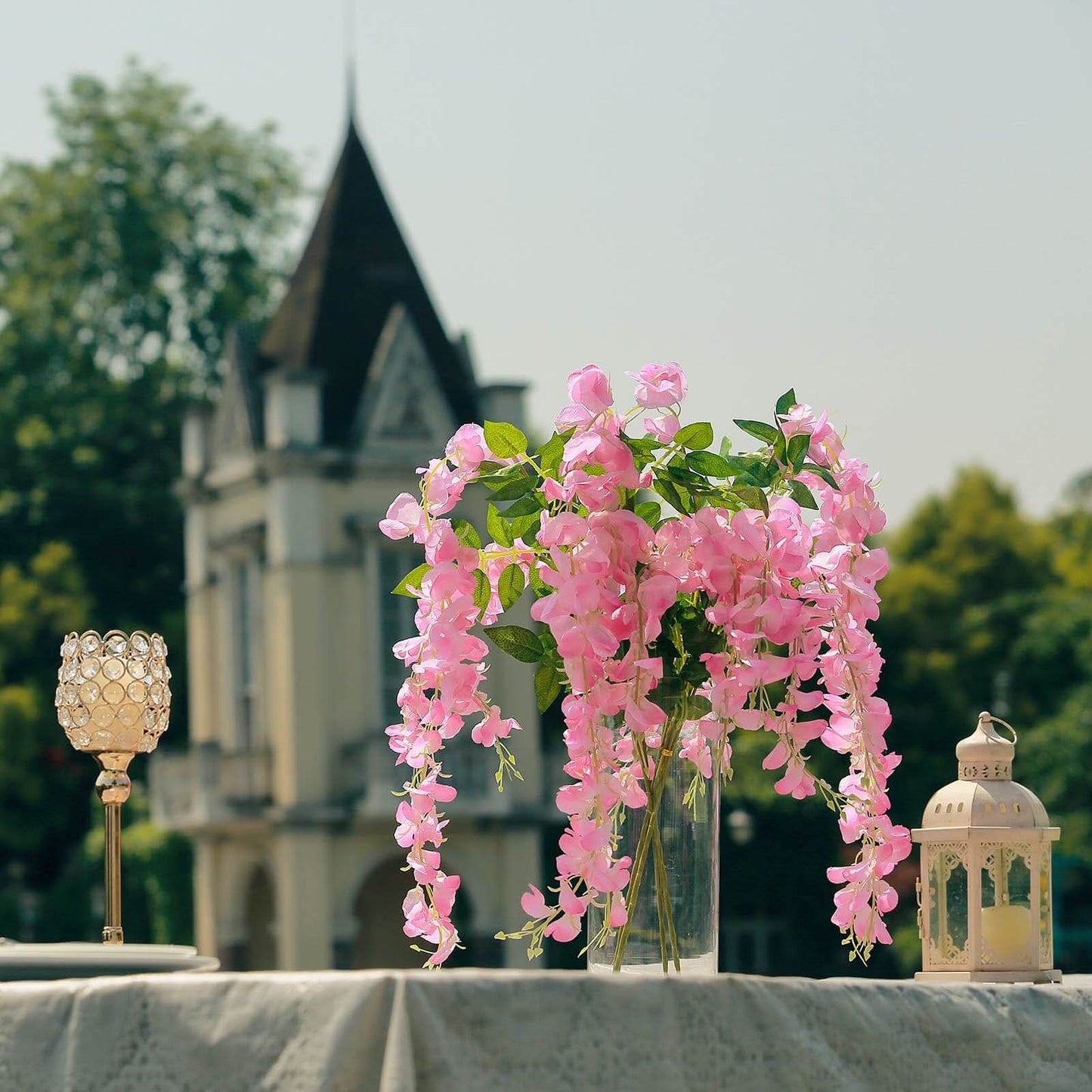 5 Pack 44" Silk Hanging Wisteria Flower Garland Vines in Pink, 3 Strands in 1 Bush - Linen Luxes