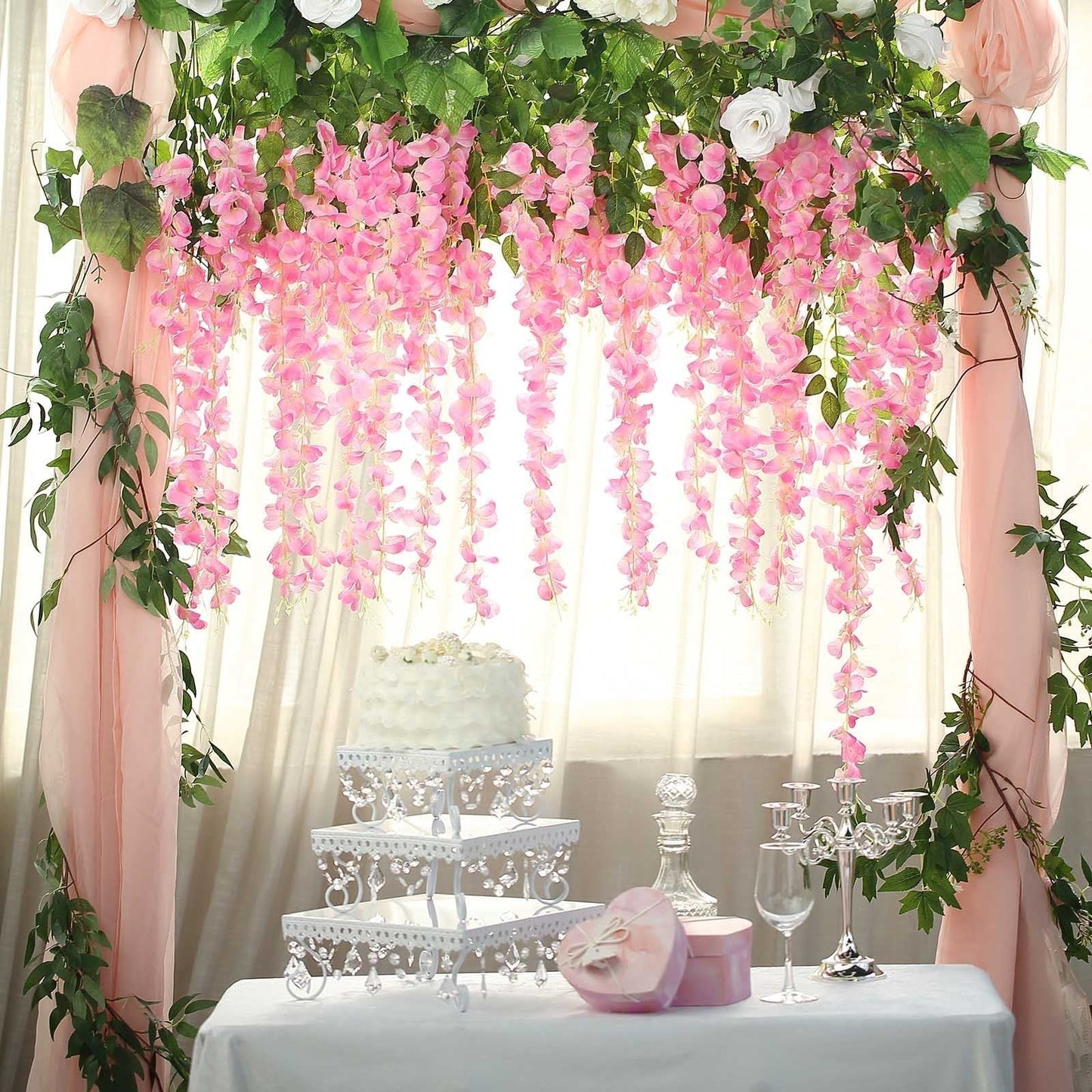 5 Pack 44" Silk Hanging Wisteria Flower Garland Vines in Pink, 3 Strands in 1 Bush - Linen Luxes