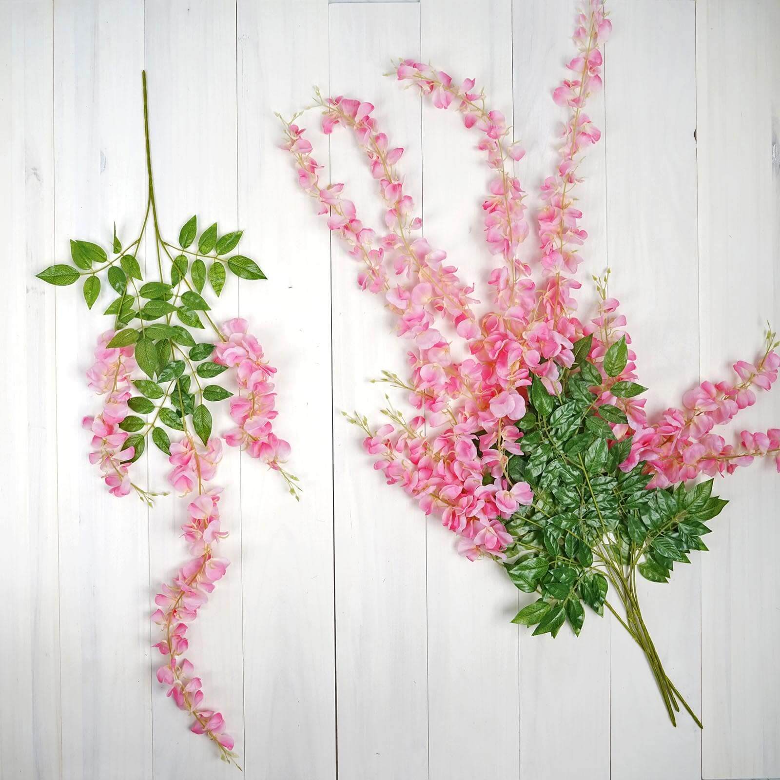 5 Pack 44" Silk Hanging Wisteria Flower Garland Vines in Pink, 3 Strands in 1 Bush - Linen Luxes