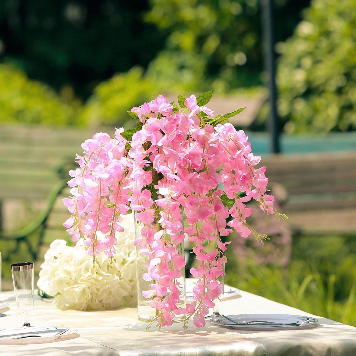 5 Pack 44" Silk Hanging Wisteria Flower Garland Vines in Pink, 3 Strands in 1 Bush - Linen Luxes