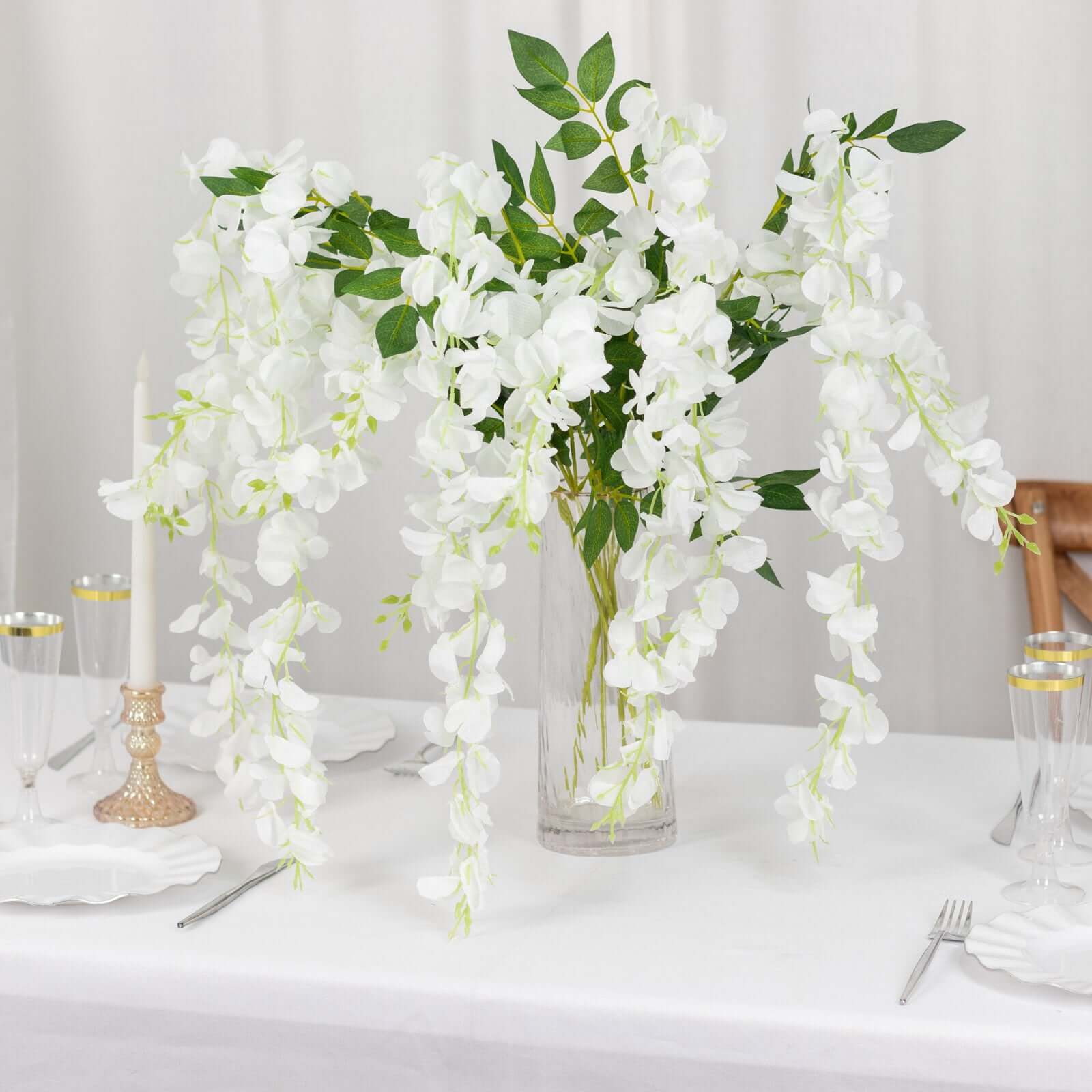 5 Pack 44" Silk Hanging Wisteria Flower Garland Vines in White, 3 Strands in 1 Bush - Linen Luxes