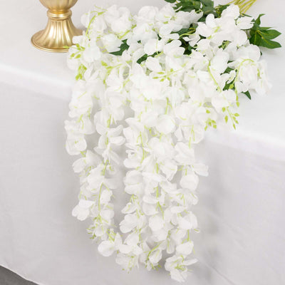 5 Pack 44" Silk Hanging Wisteria Flower Garland Vines in White, 3 Strands in 1 Bush - Linen Luxes