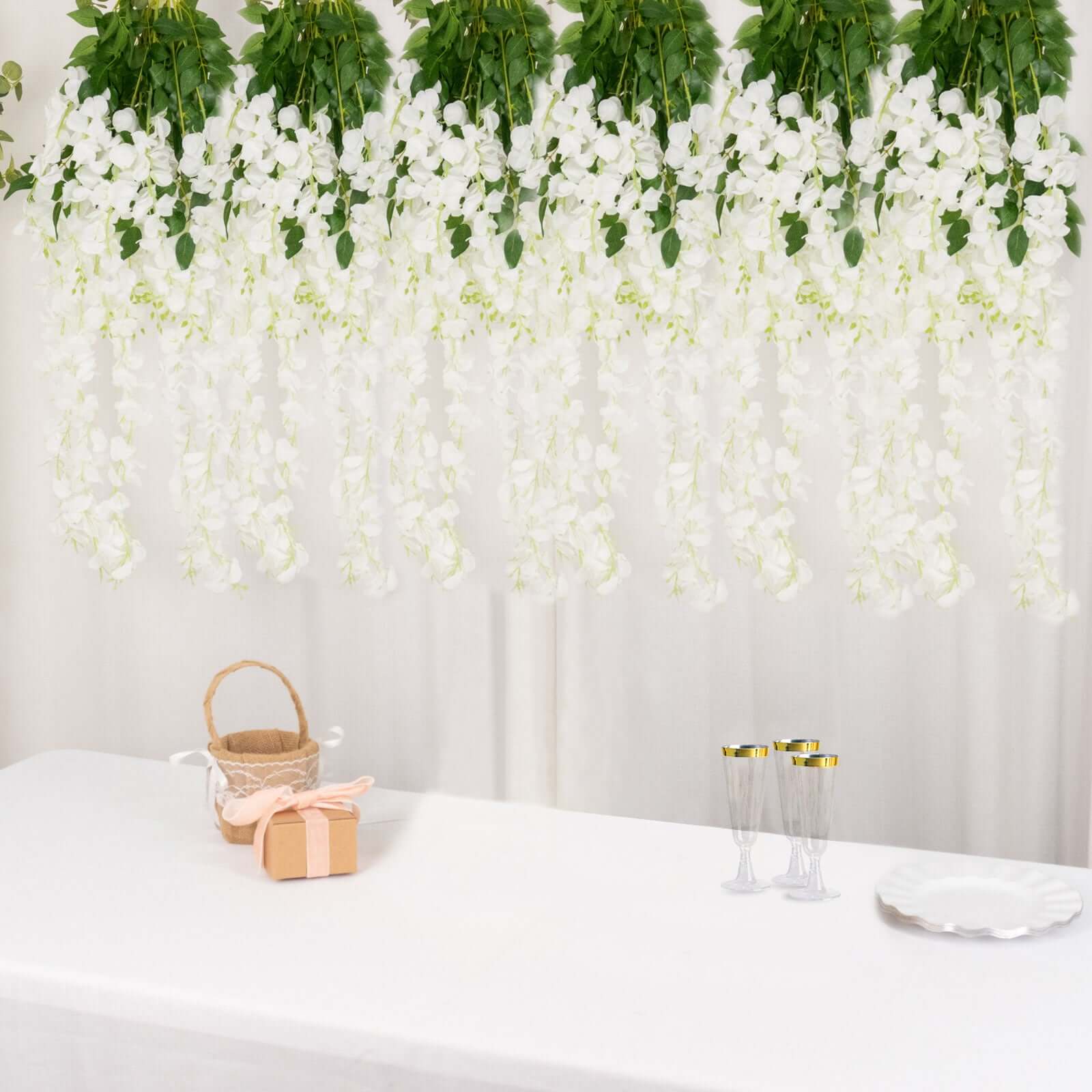 5 Pack 44" Silk Hanging Wisteria Flower Garland Vines in White, 3 Strands in 1 Bush - Linen Luxes
