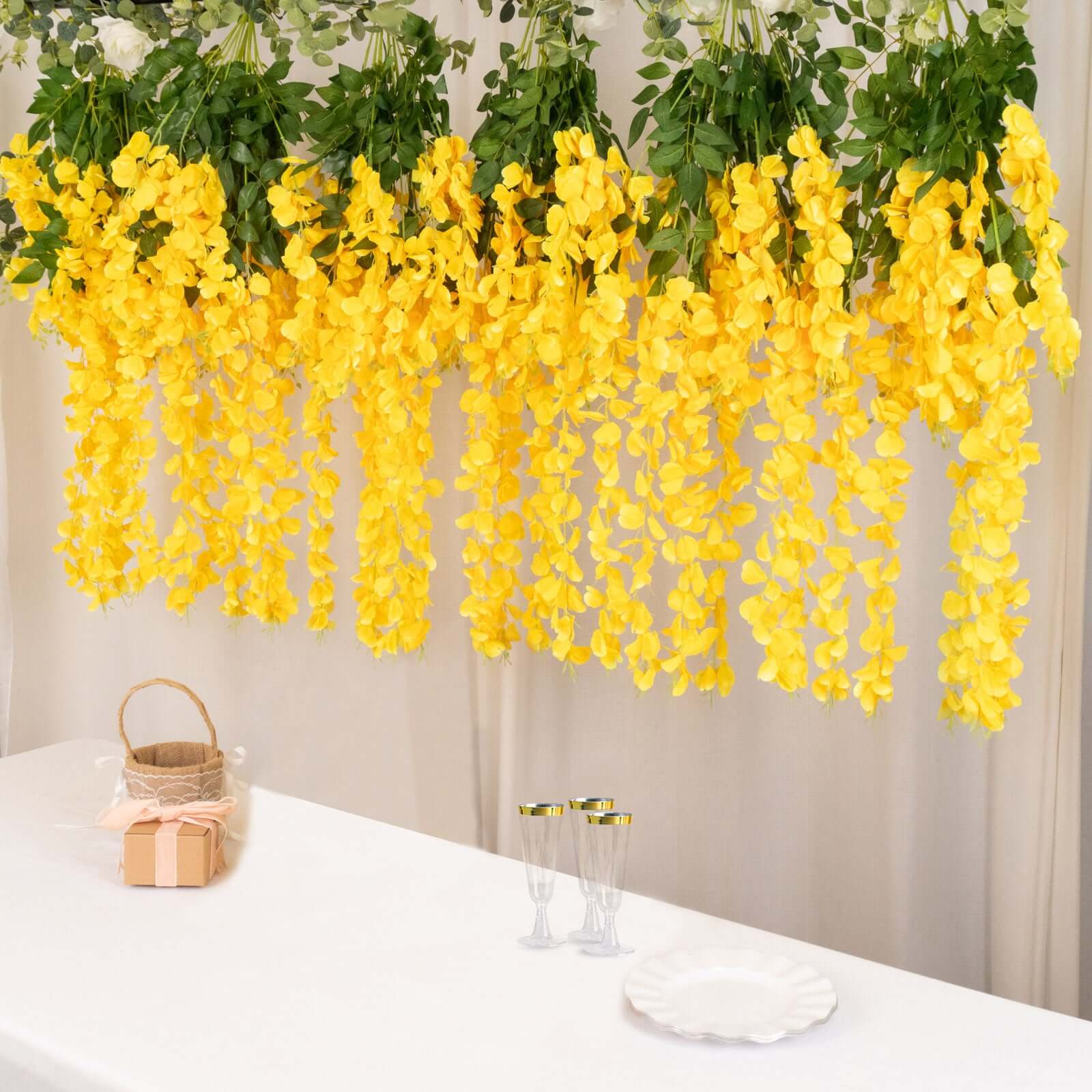 5 Pack 44" Silk Hanging Wisteria Flower Garland Vines in Yellow, 3 Strands in 1 Bush - Linen Luxes