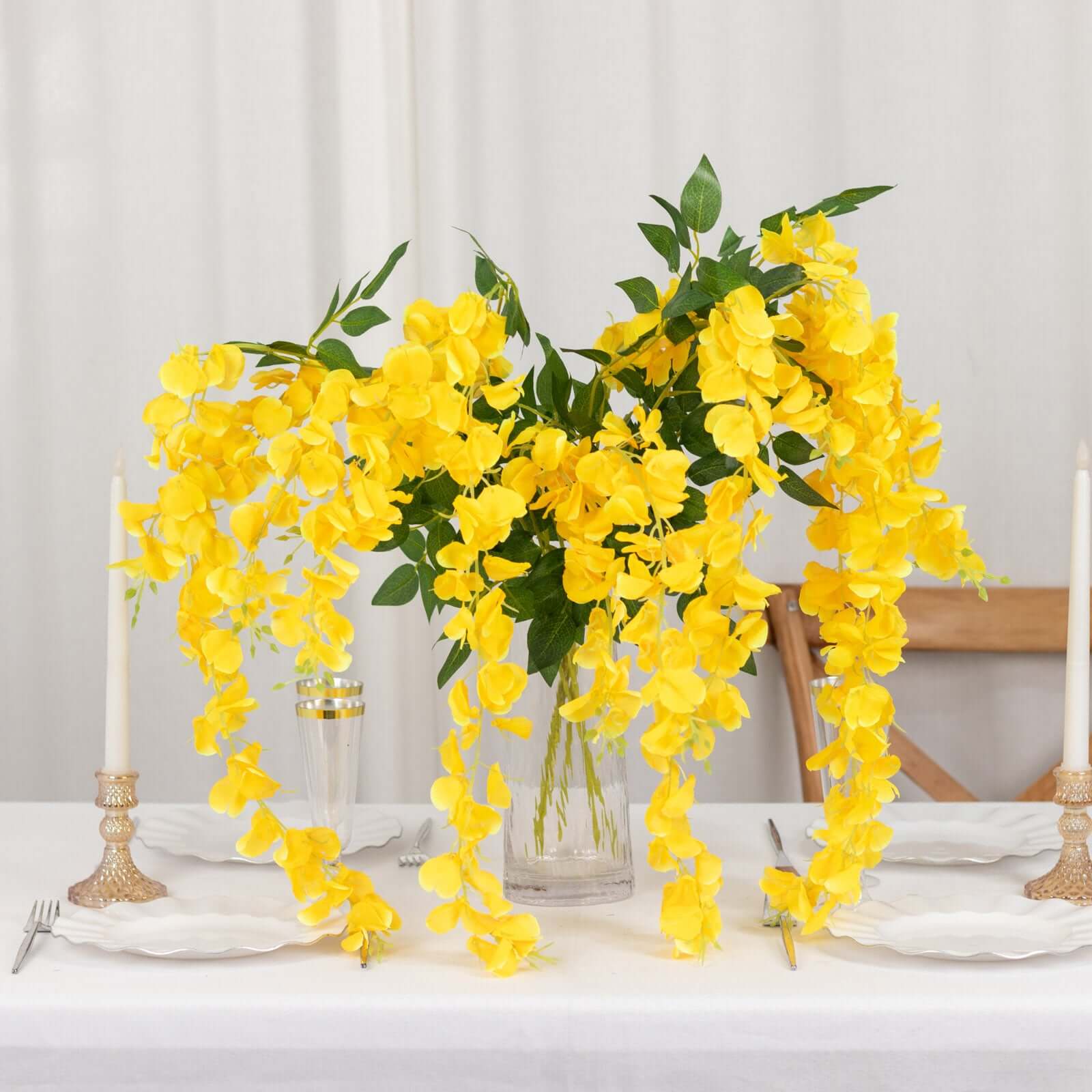 5 Pack 44" Silk Hanging Wisteria Flower Garland Vines in Yellow, 3 Strands in 1 Bush - Linen Luxes