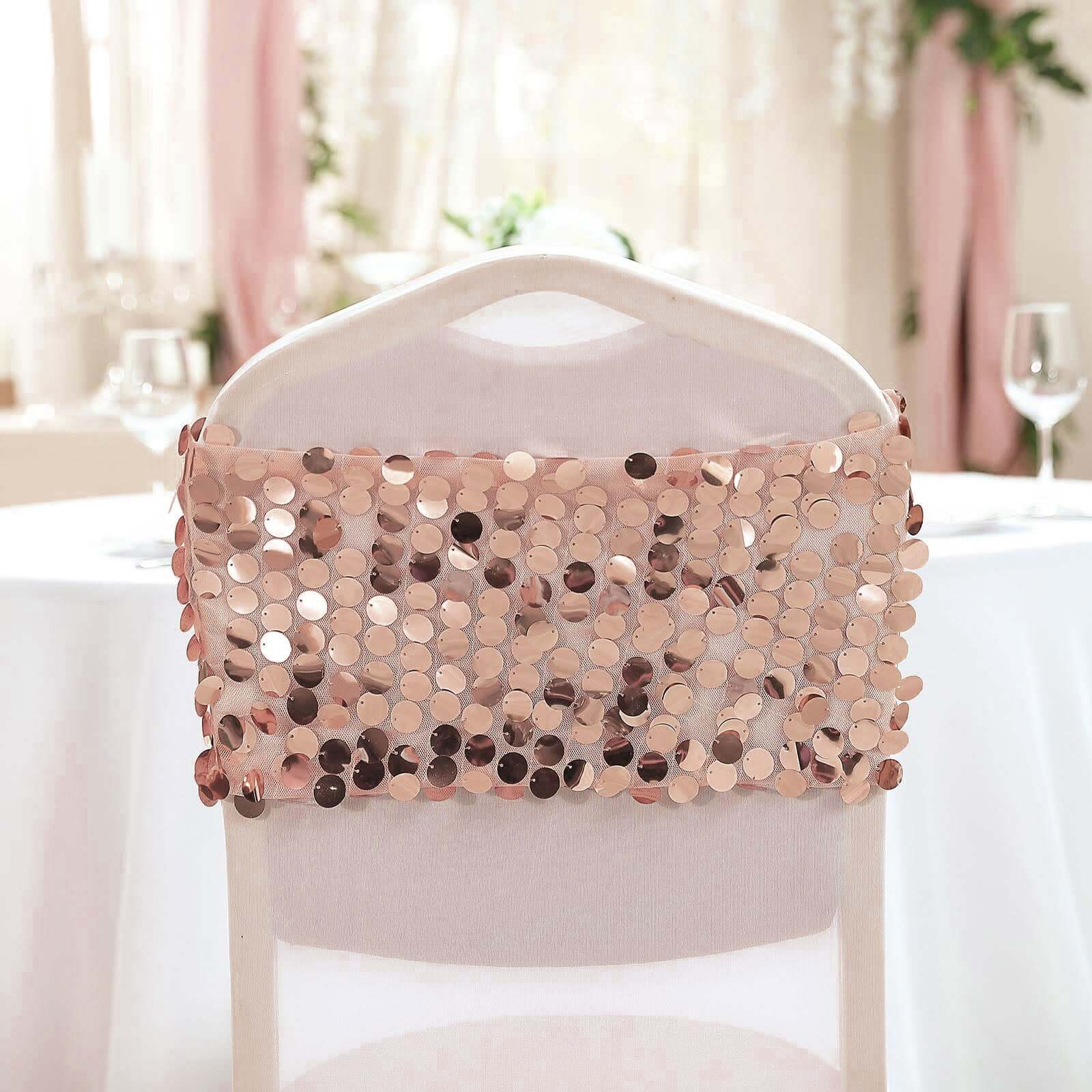 5 Pack Big Payette Sequin 13"x10" Chair Sash Bands Blush - Stylish Glittering Decor for Weddings & Gatherings - Linen Luxes