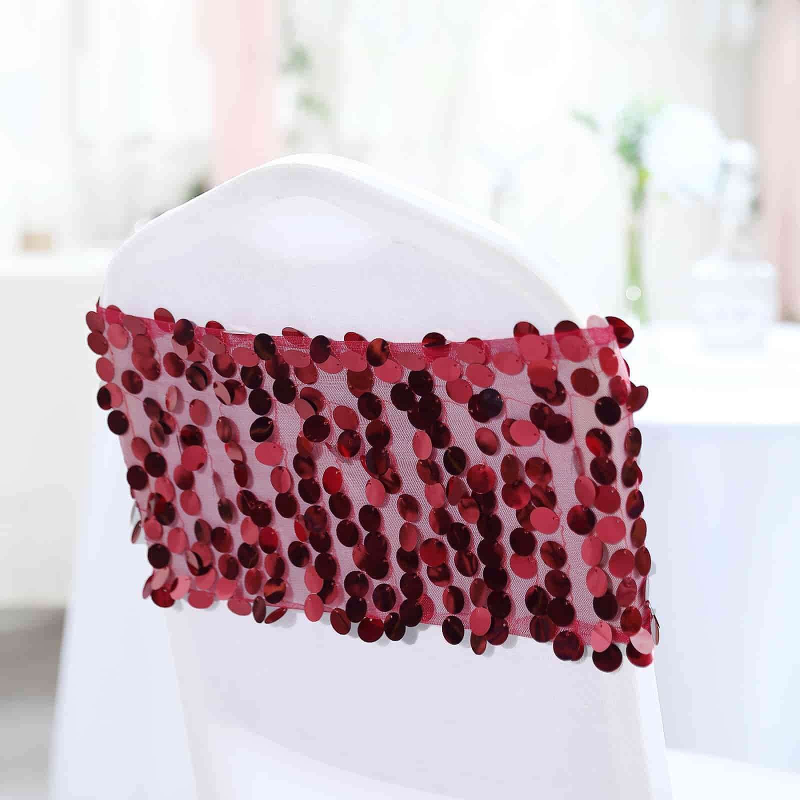 5 Pack Big Payette Sequin 13"x10" Chair Sash Bands Burgundy - Stylish Glittering Decor for Weddings & Gatherings - Linen Luxes