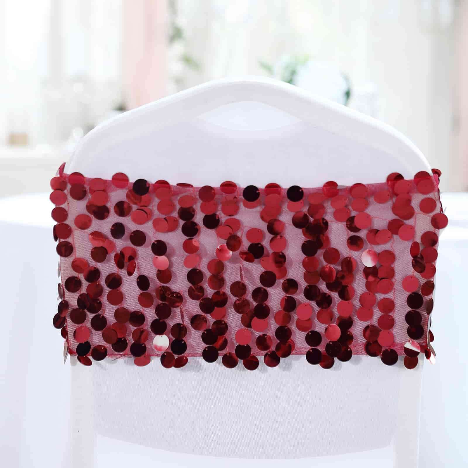 5 Pack Big Payette Sequin 13"x10" Chair Sash Bands Burgundy - Stylish Glittering Decor for Weddings & Gatherings - Linen Luxes