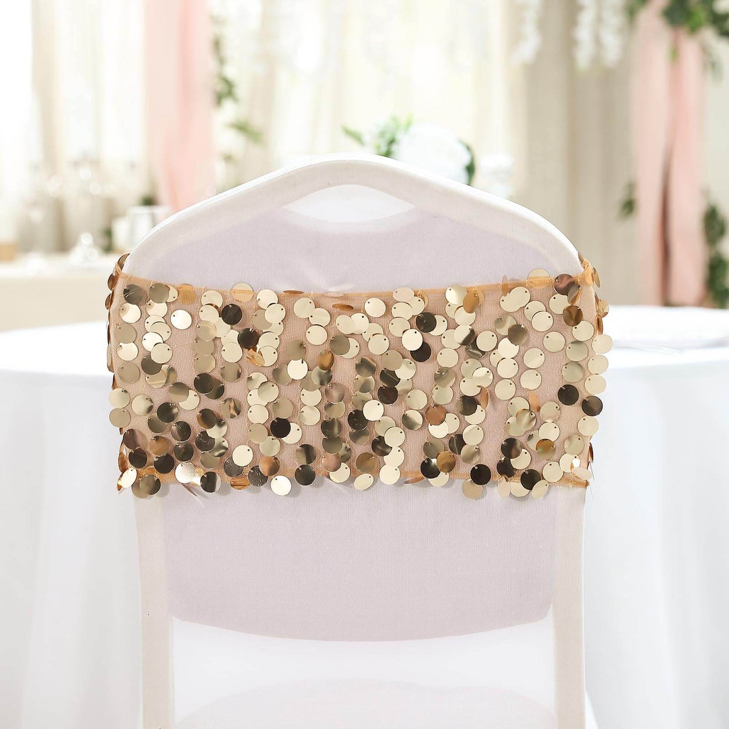 5 Pack Big Payette Sequin 13"x10" Chair Sash Bands Gold - Stylish Glittering Decor for Weddings & Gatherings - Linen Luxes