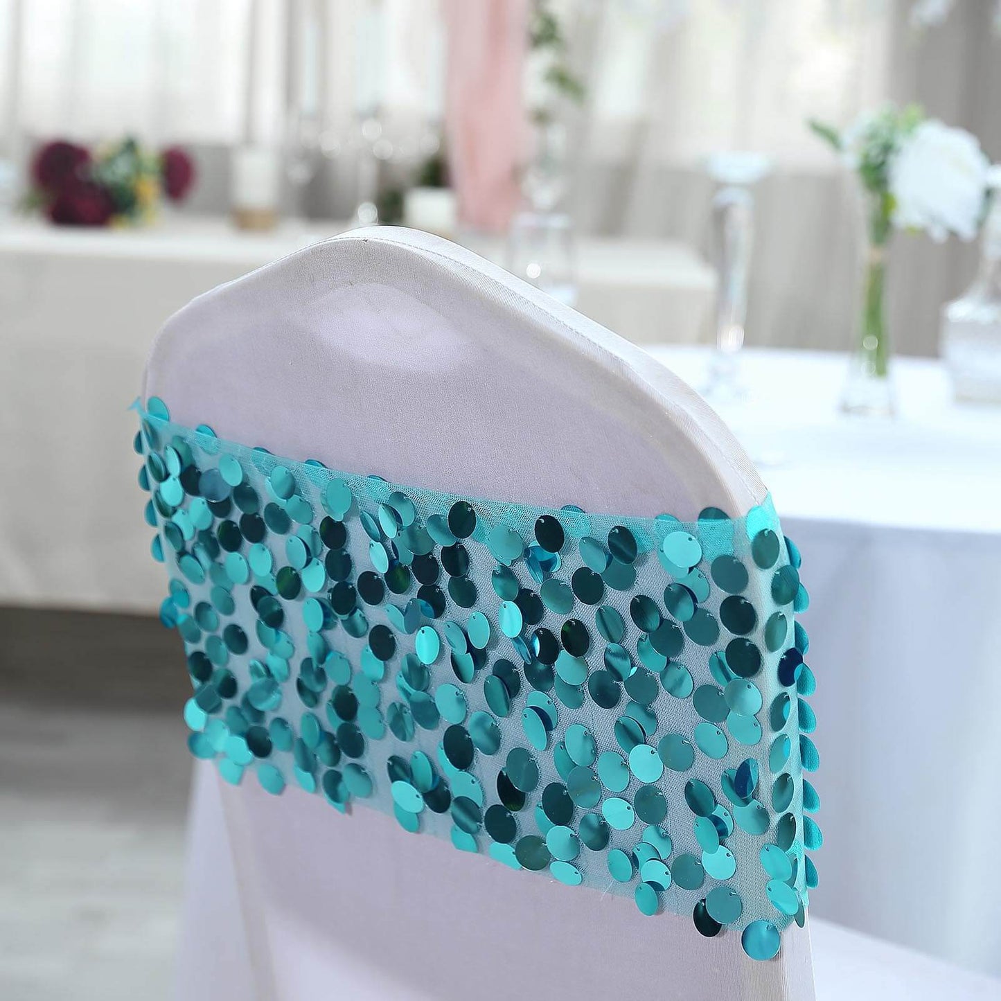 5 Pack Big Payette Sequin 13"x10" Chair Sash Bands Turquoise - Stylish Glittering Decor for Weddings & Gatherings - Linen Luxes