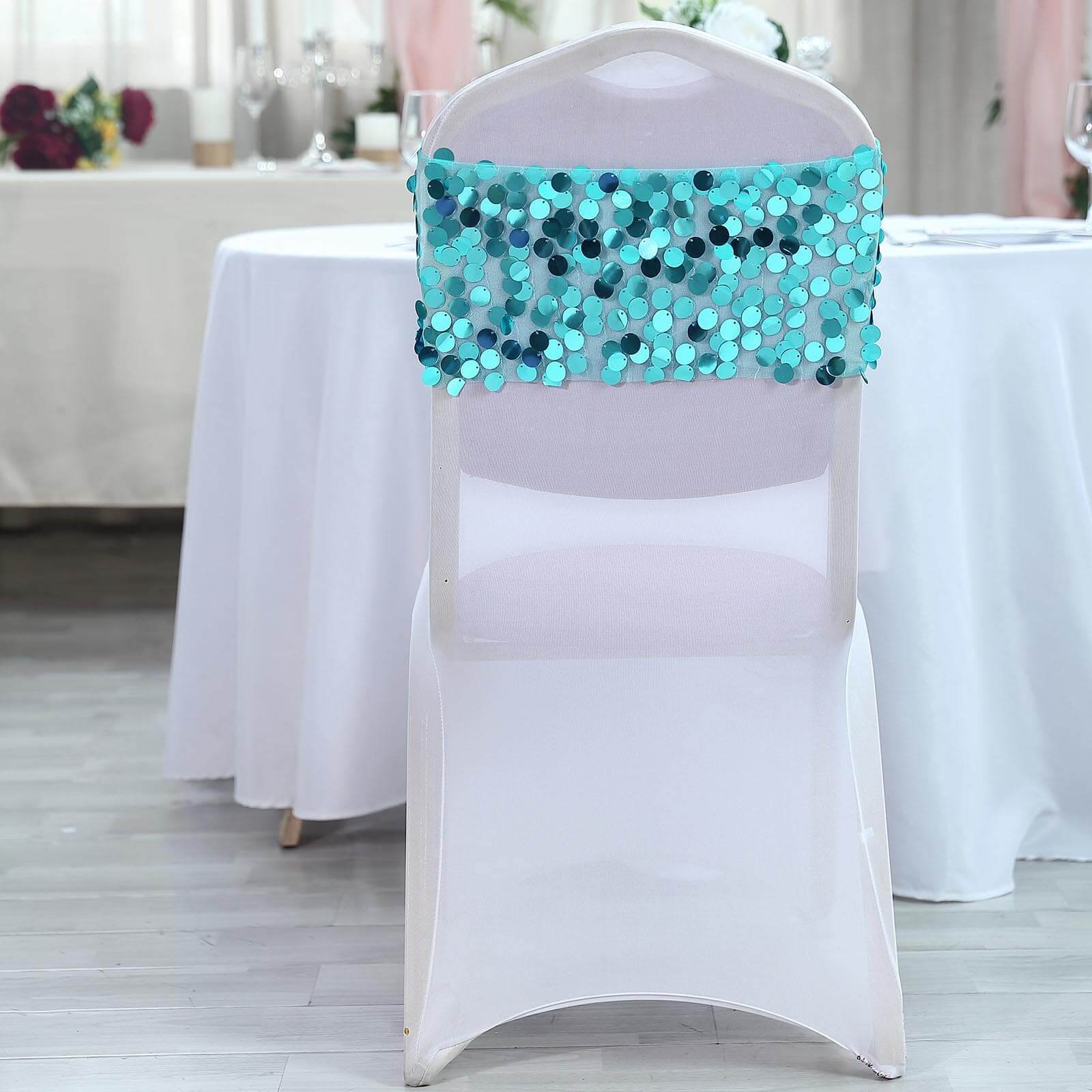 5 Pack Big Payette Sequin 13"x10" Chair Sash Bands Turquoise - Stylish Glittering Decor for Weddings & Gatherings - Linen Luxes