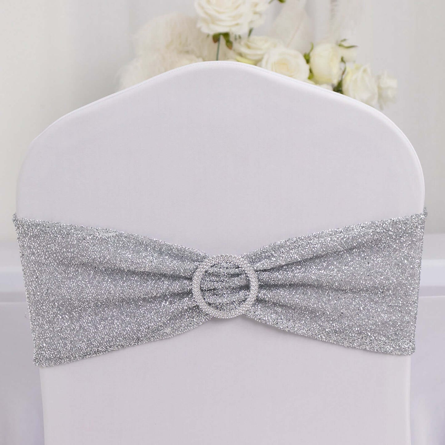 5 Pack Chair Sashes Shimmer Tinsel Spandex 5"x12" with Silver Rhinestone Buckles Silver - Stylish Decor for Weddings