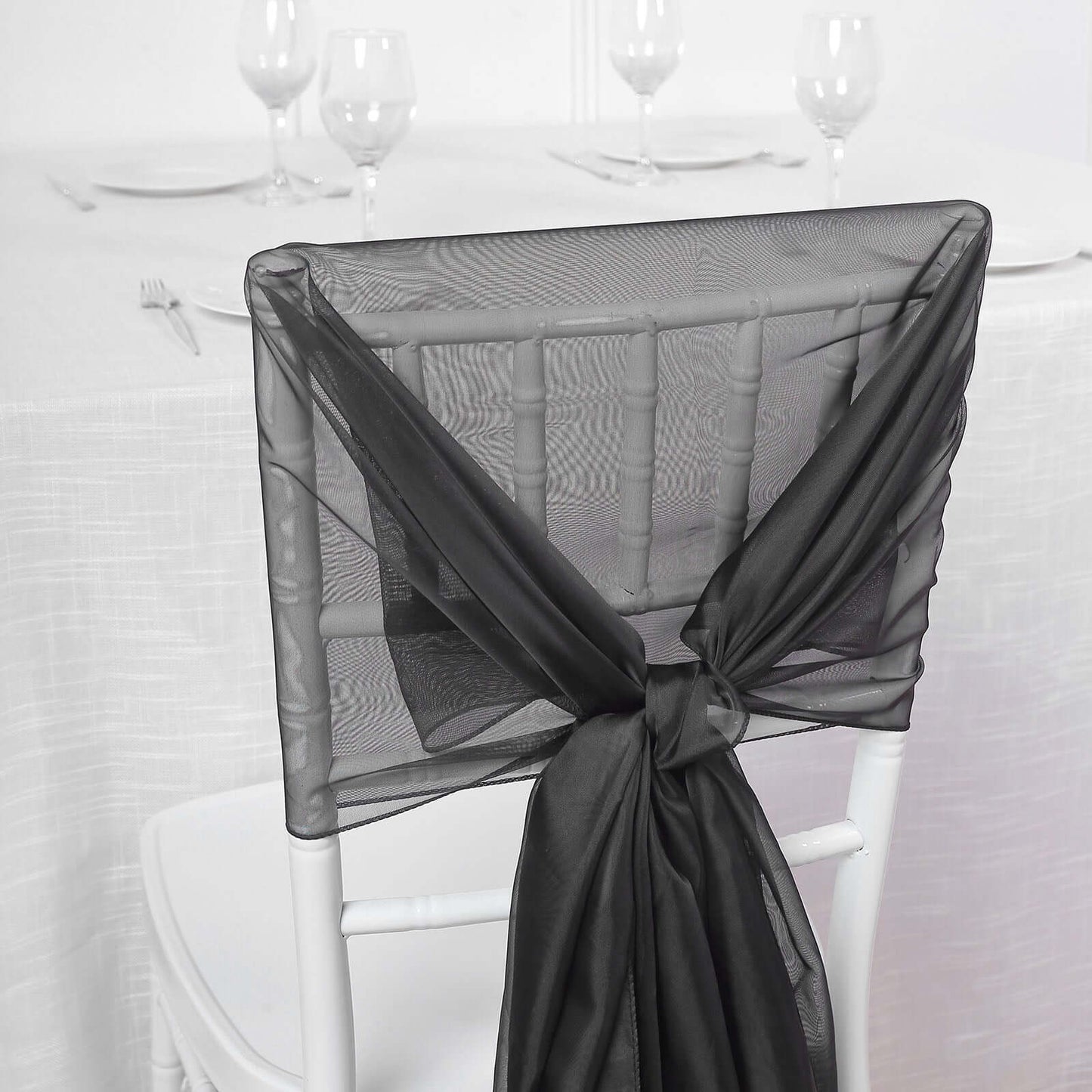 5 Pack Chiffon Chair Sashes Black - Soft & Lightweight Designer Chair Bows for Stylish DIY Chair Accents 22"x78" - Linen Luxes