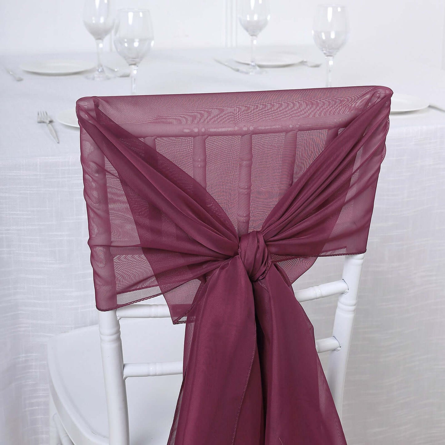5 Pack Chiffon Chair Sashes Burgundy - Soft & Lightweight Designer Chair Bows 22"x78" - Linen Luxes
