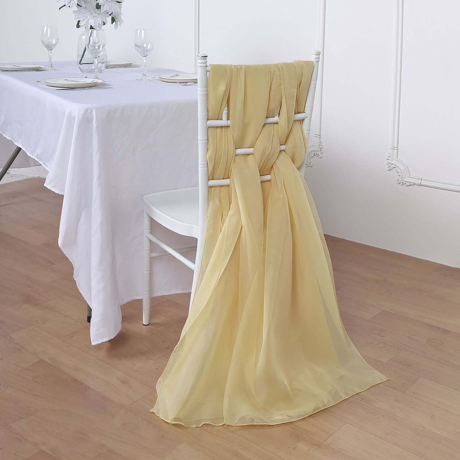 5 Pack Chiffon Chair Sashes Champagne - Soft & Lightweight Designer Chair Bows 22"x78" - Linen Luxes
