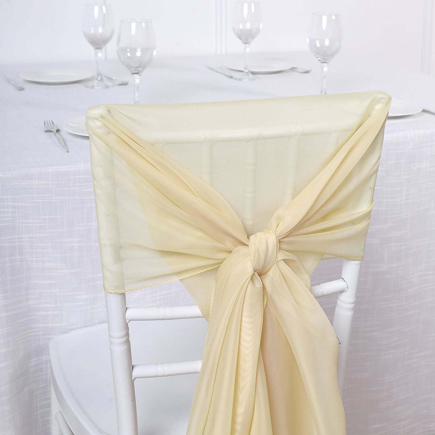 5 Pack Chiffon Chair Sashes Champagne - Soft & Lightweight Designer Chair Bows 22"x78" - Linen Luxes